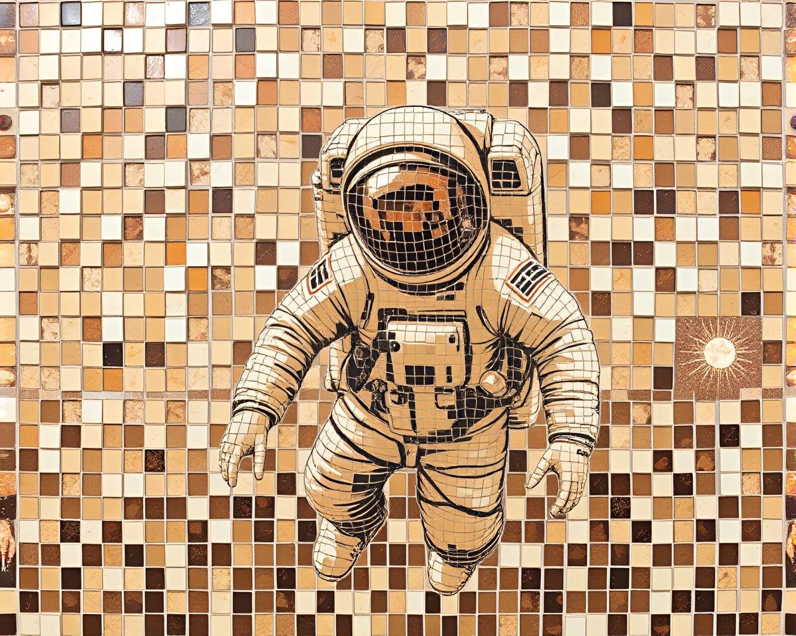 Detailed pointillism astronaut in sepia tiled mosaic art
