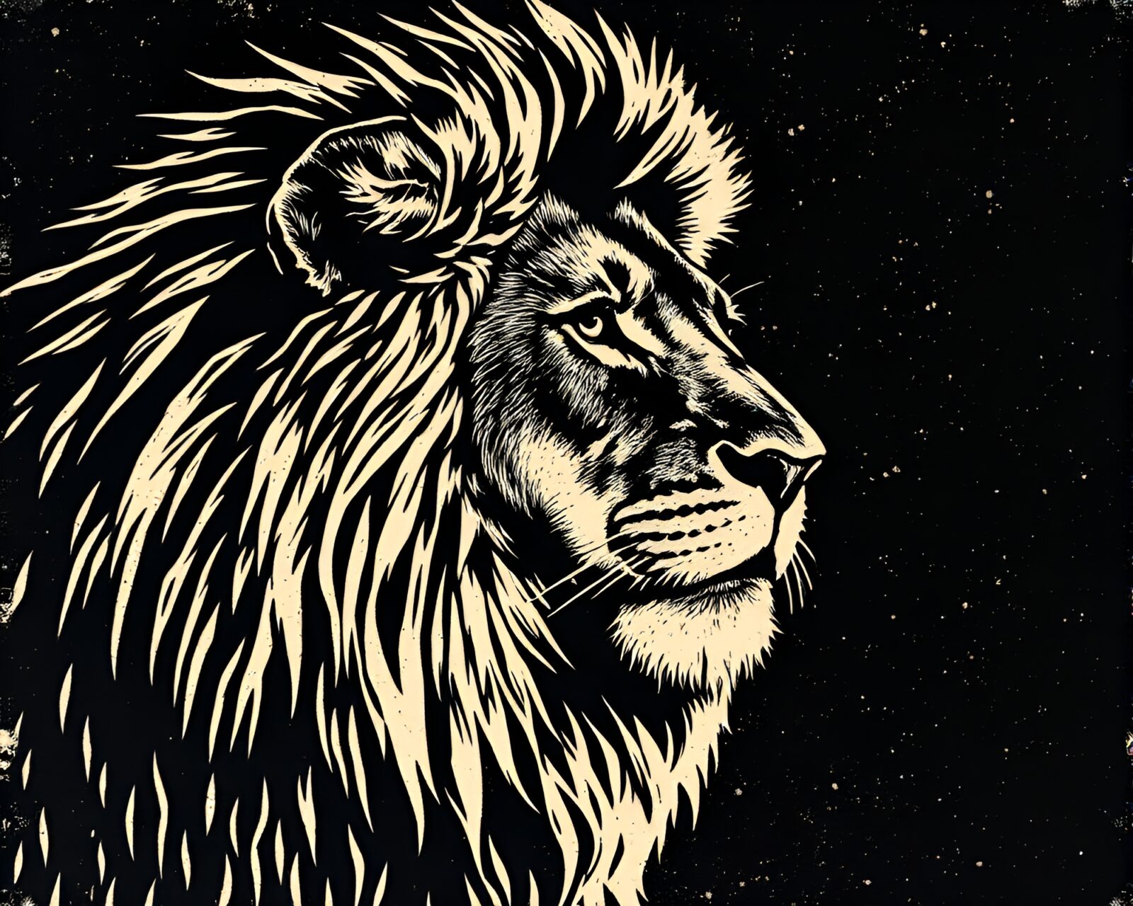 Majestic lion depicted in linocut texture under bright light