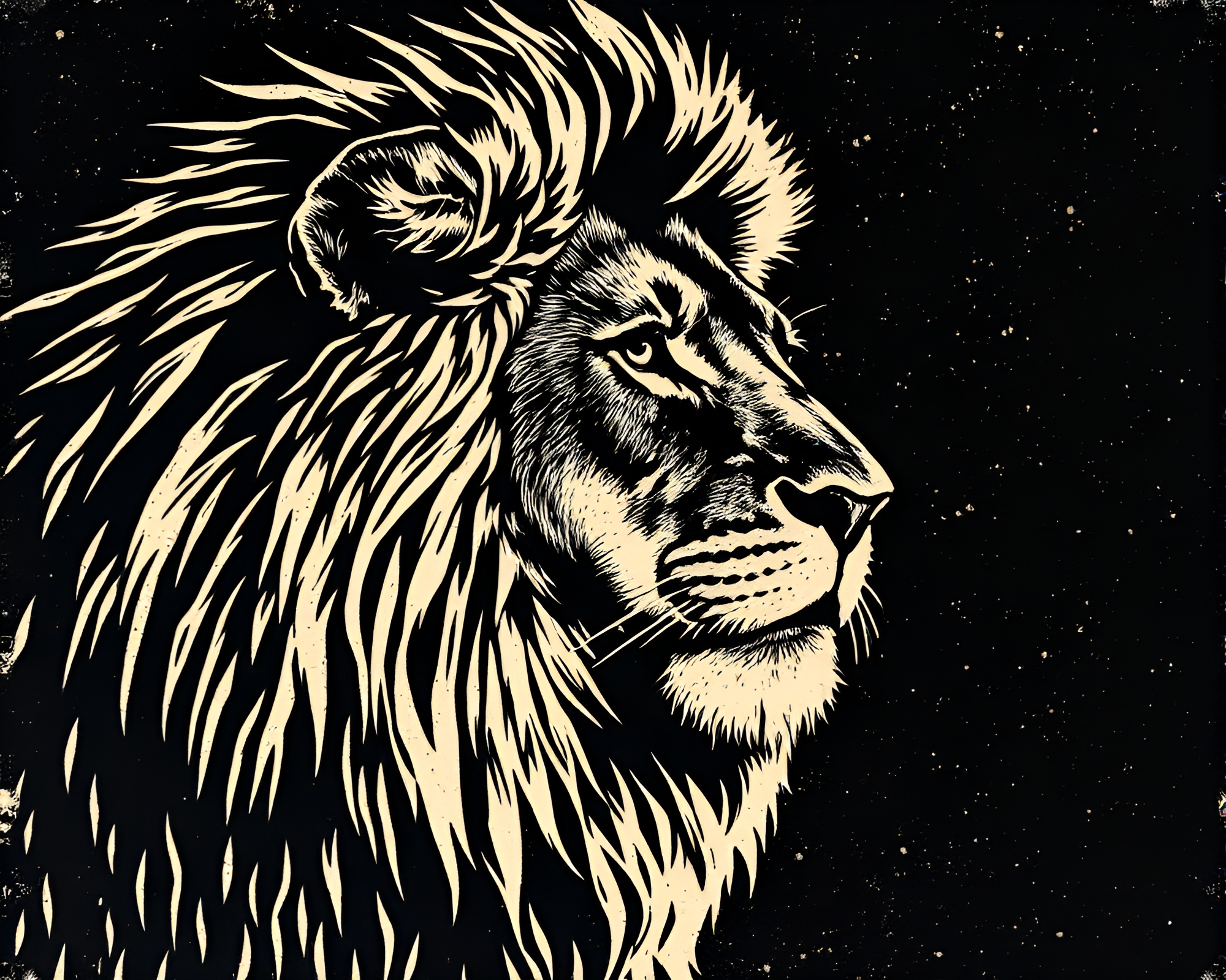 Lion King linocut texture under high-key vignette lighting – free AI stock image