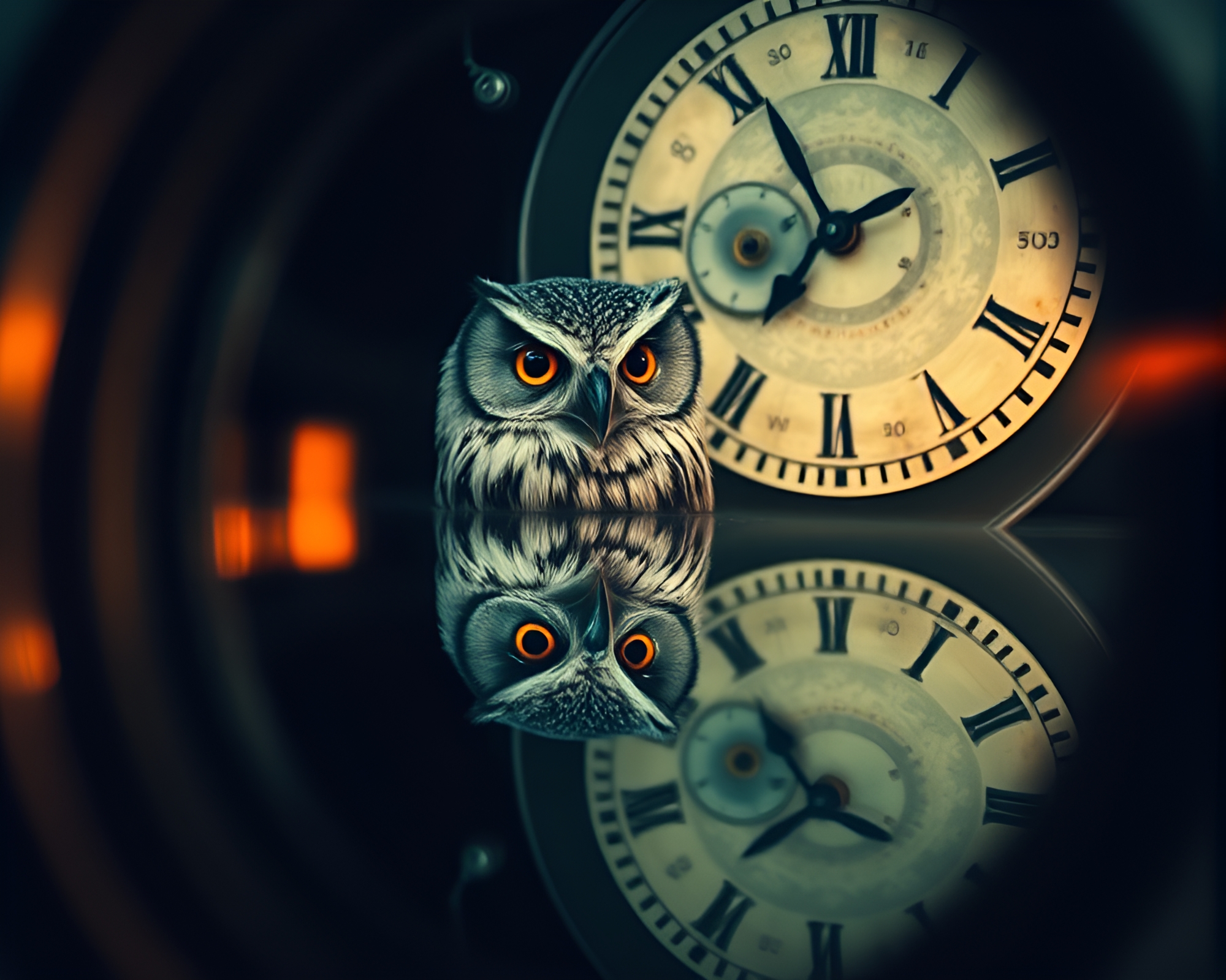 Clockwork Owl in Double Reflection Tri-tone Composition – free AI stock image