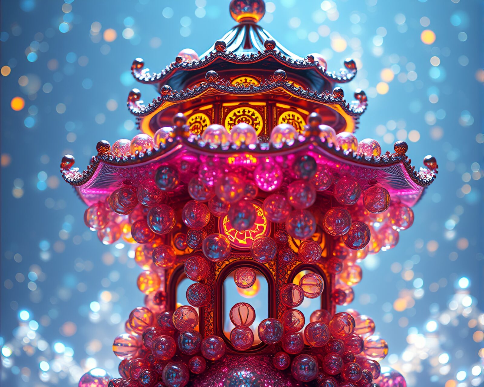 Fantasy image of glowing bubbles around futuristic Asian temple