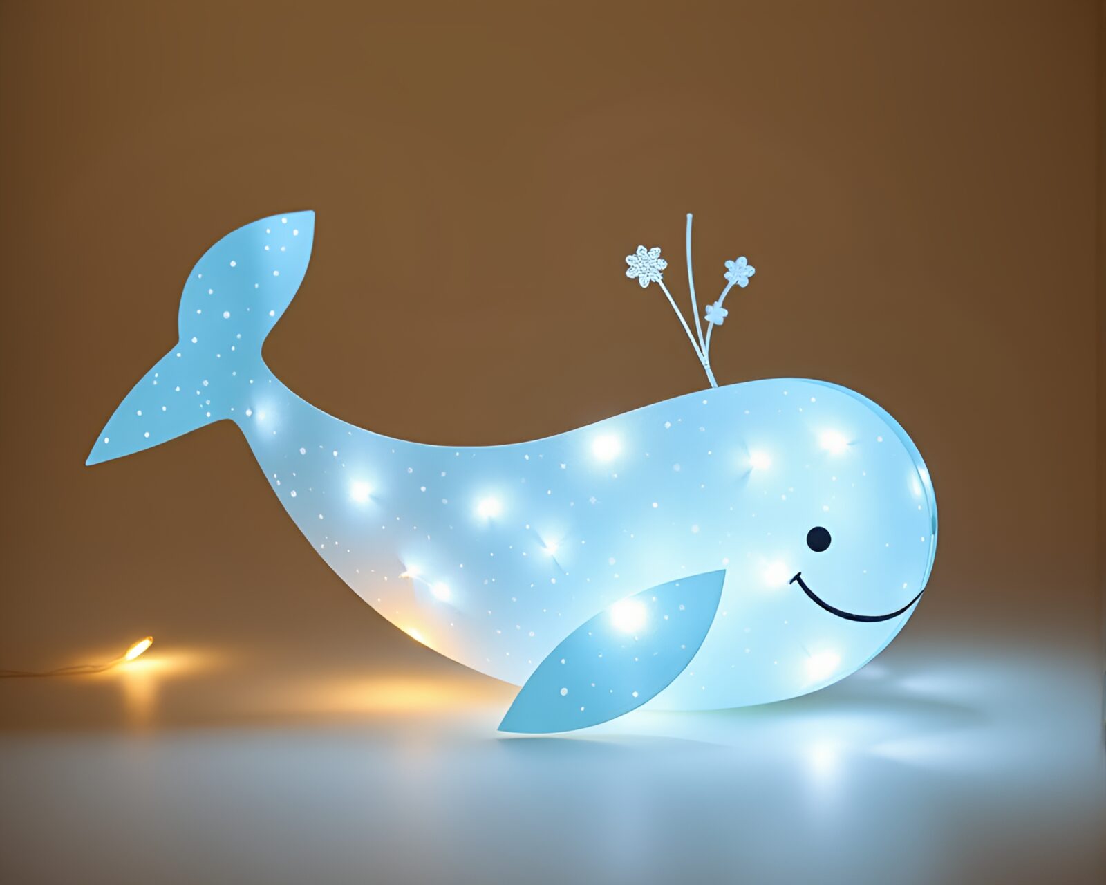Majestic whale emerging from torn paper amidst enchanting fairy lights
