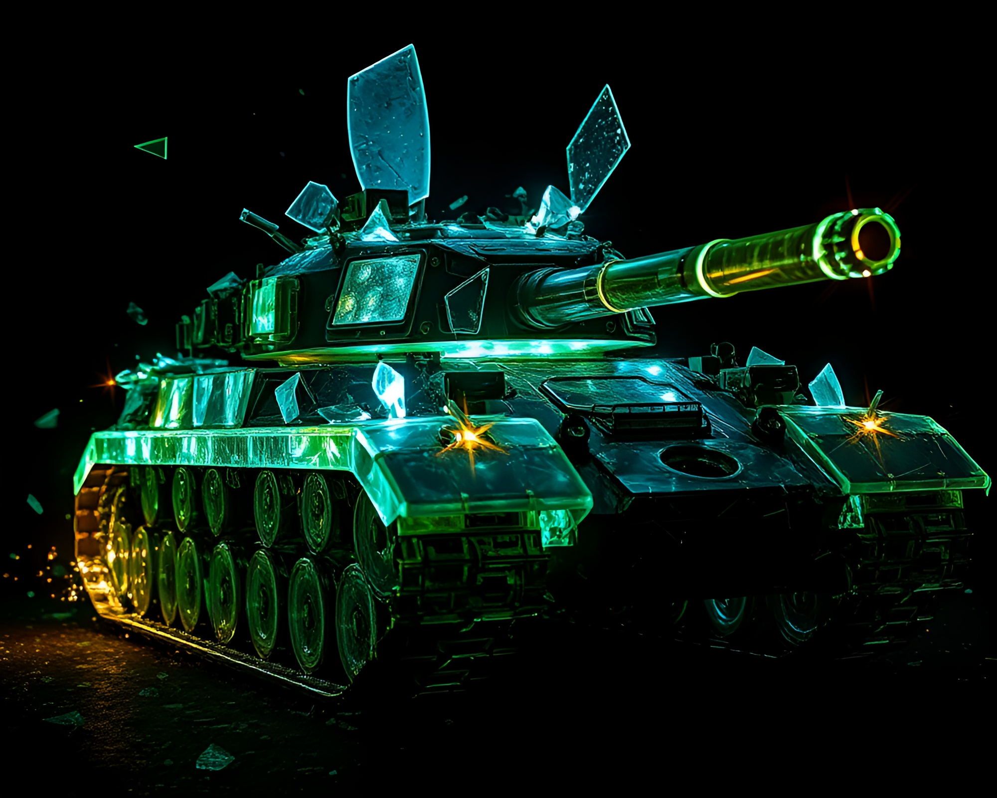 Glowing Armored Tank amidst Glass Shard Photocollage – free AI stock image