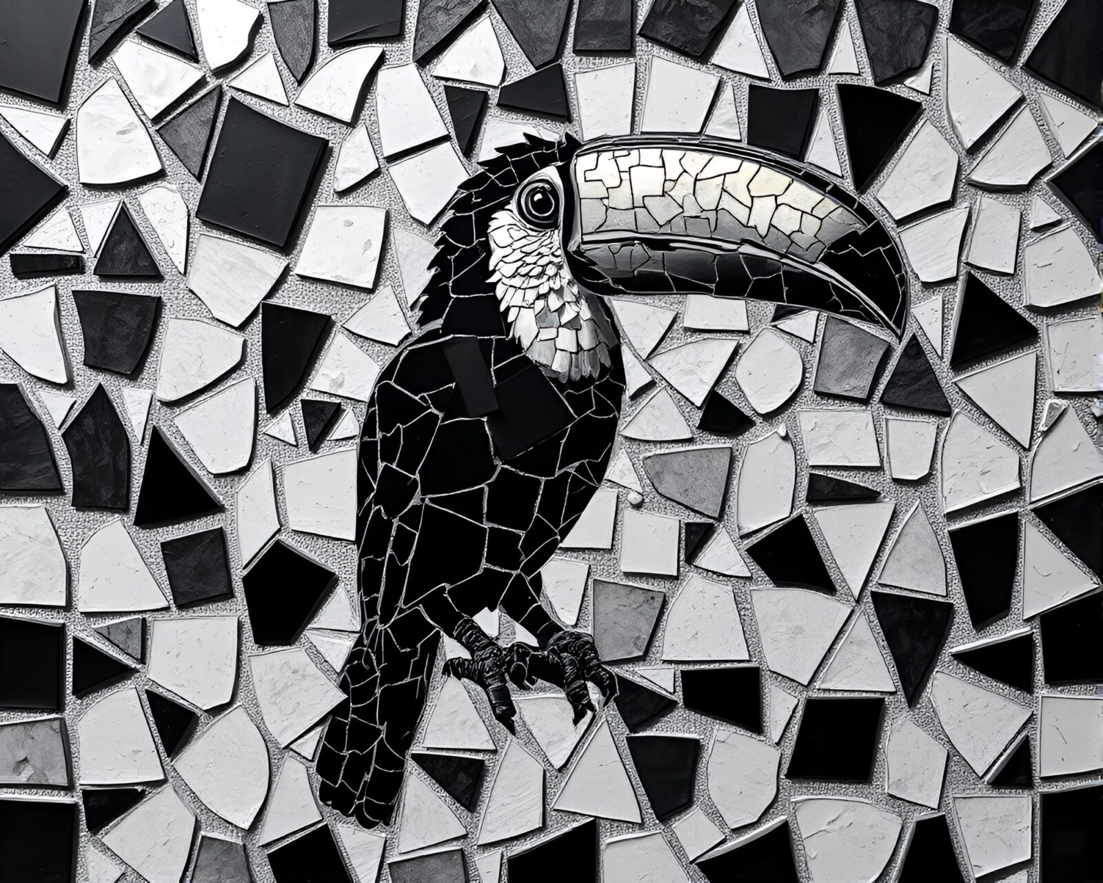 Fragments of a toucan mosaic in chiaroscuro lighting