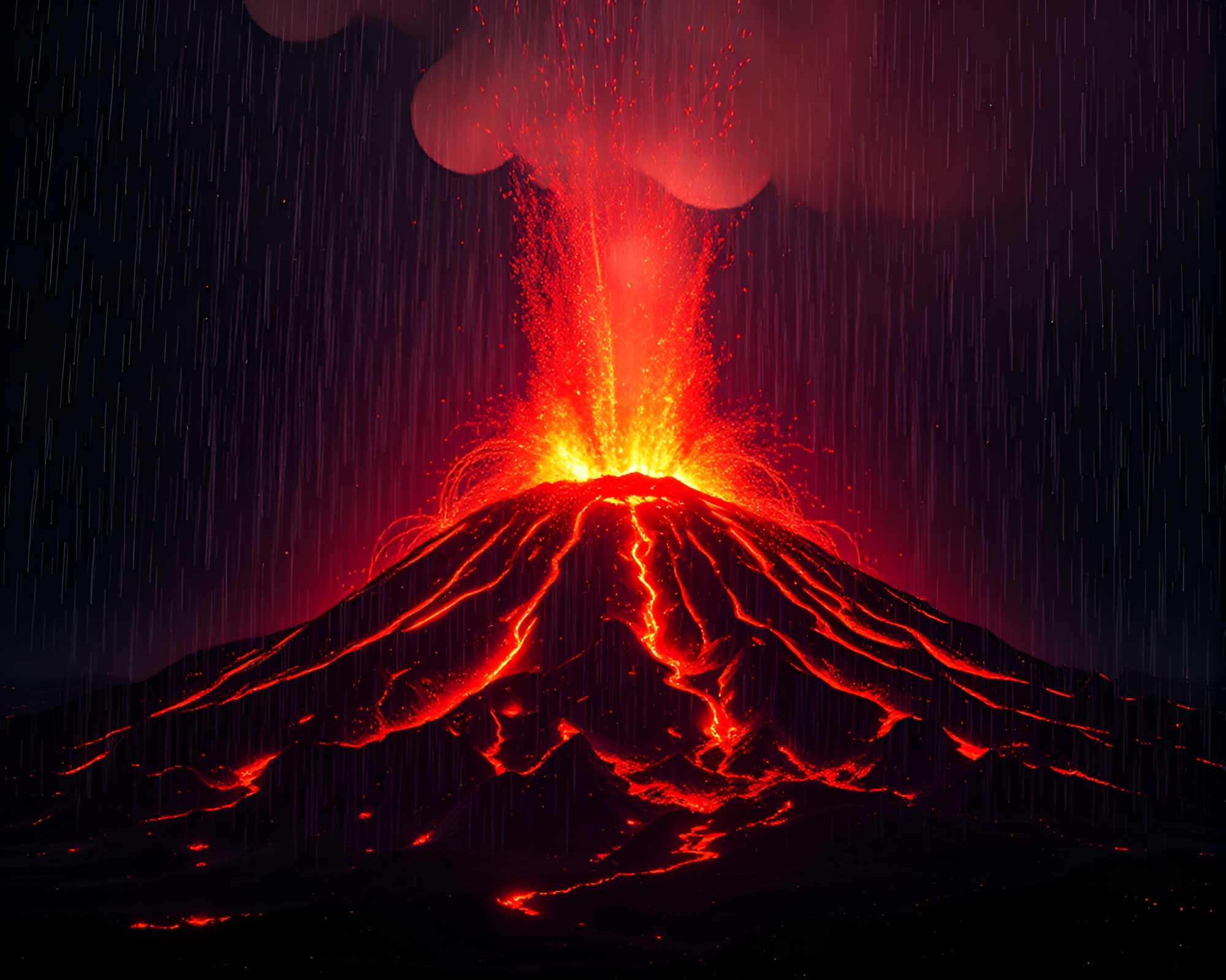 Neon Volcano God Rays with Dew Drops – free AI stock image