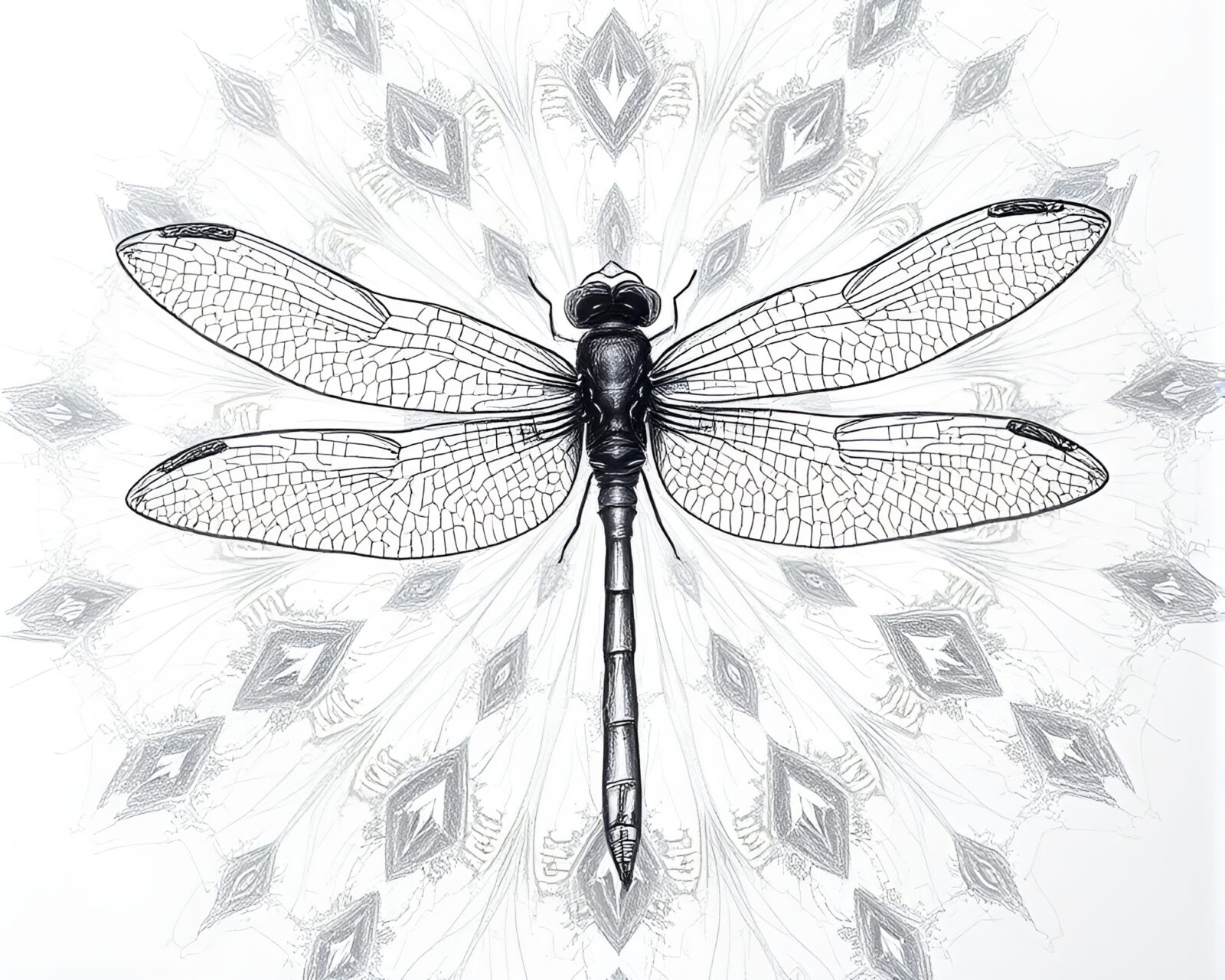 Dragonfly in a colorful kaleidoscope pattern sketch