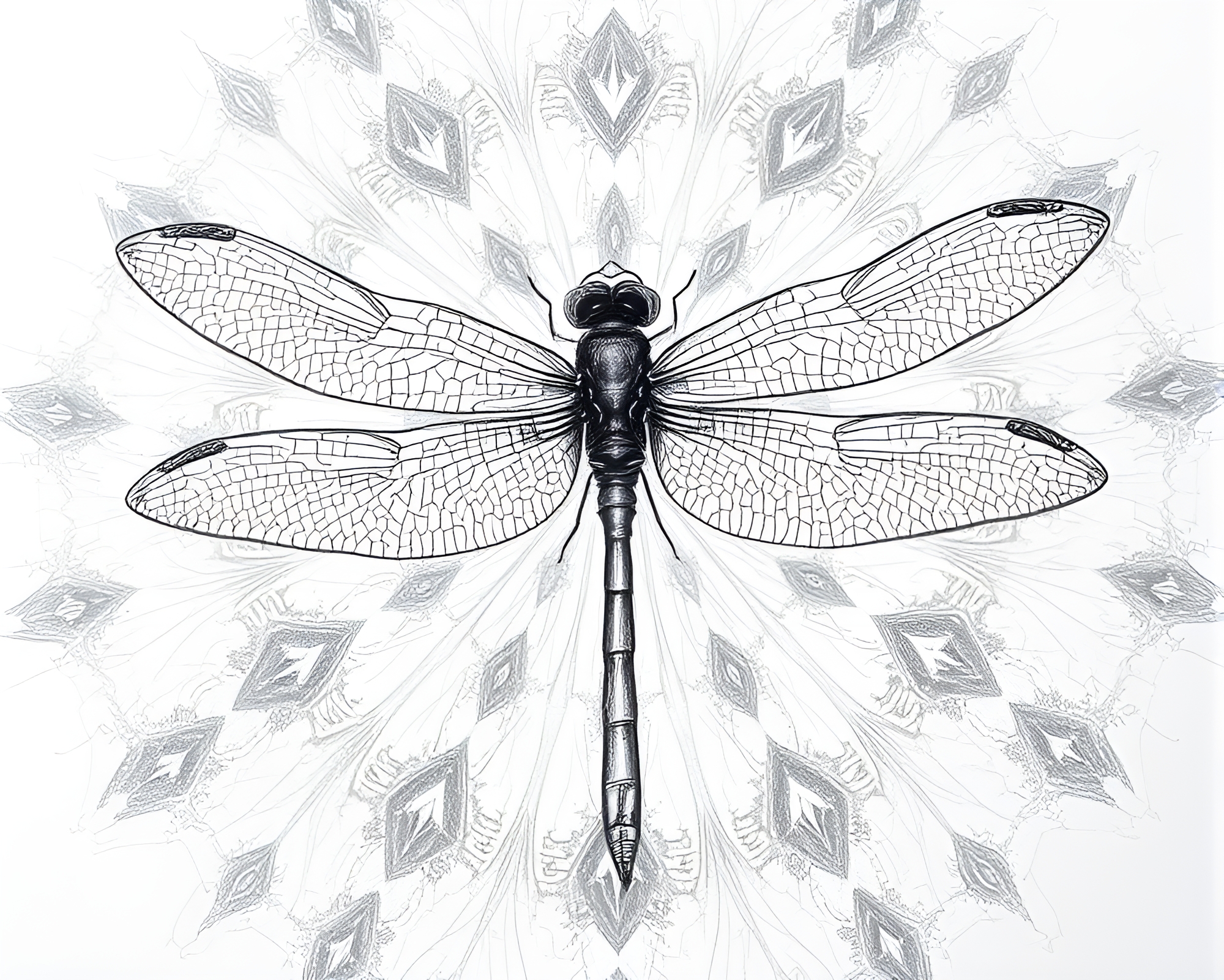 Dragonfly Kaleidoscope Grid Overlay Pencil Sketch – free AI stock image