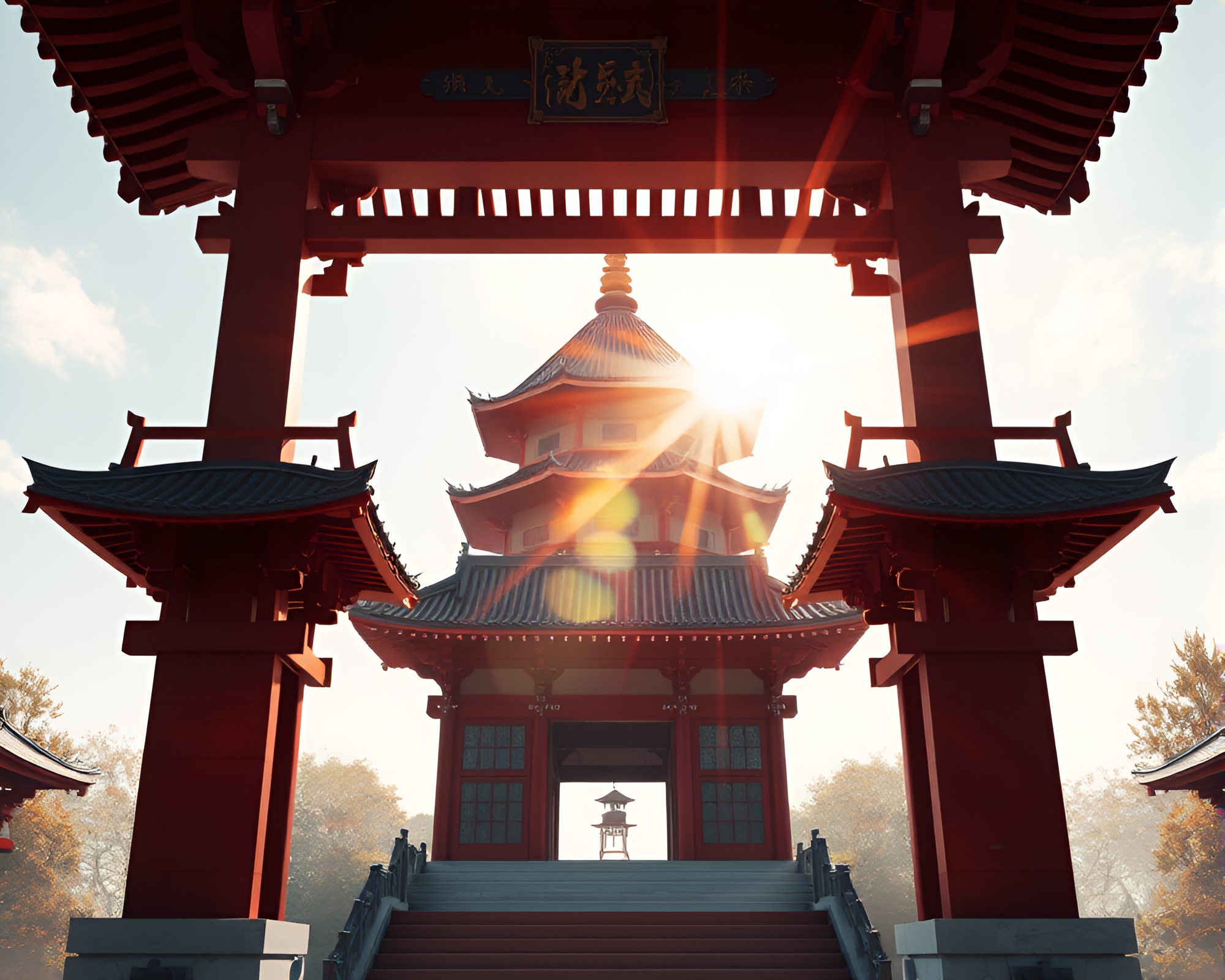 Pagoda Sunset: Architectural Frame Lens Flare Burst – free AI stock image