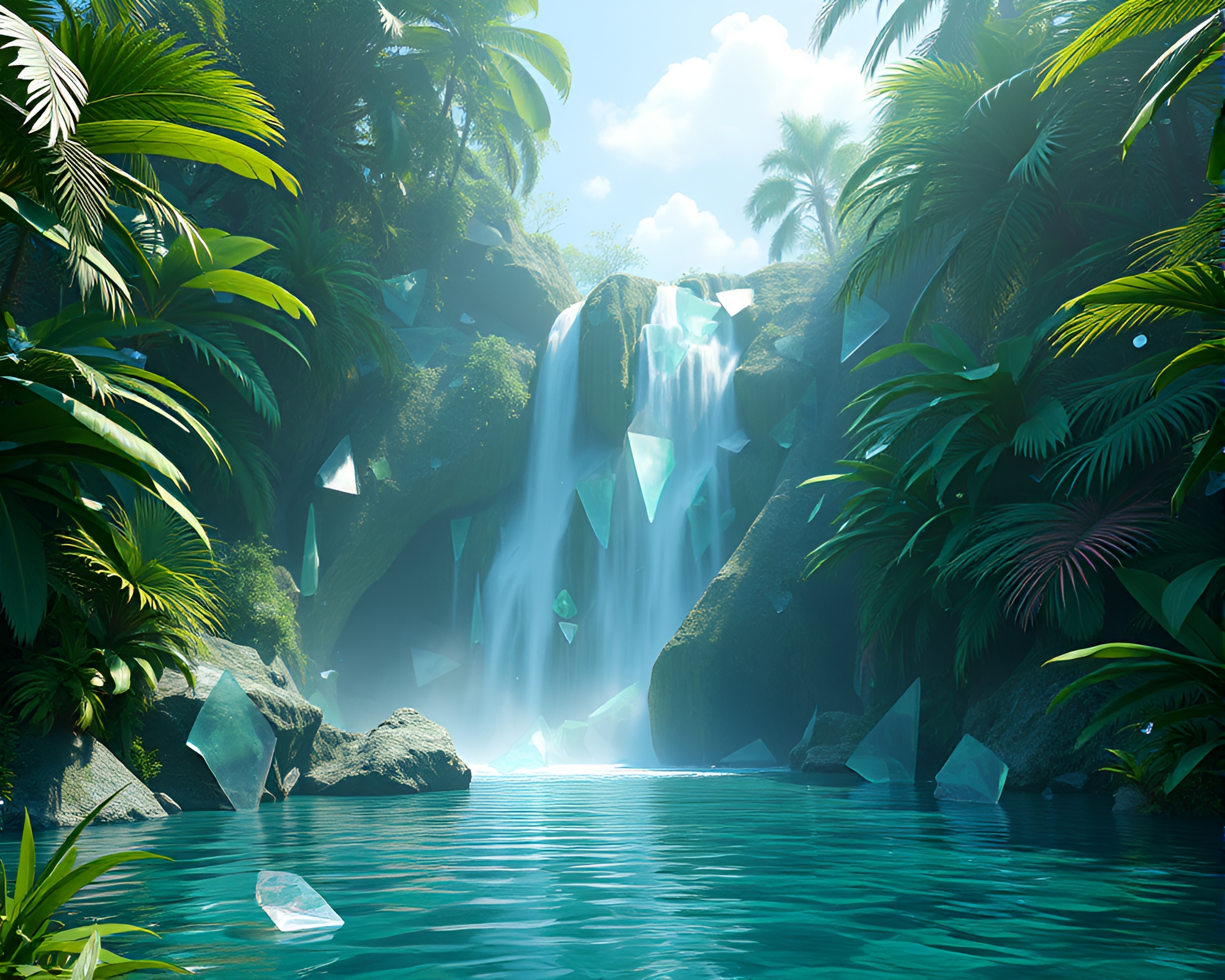 Tropical Waterfall Revealed Through Glass Shards – free AI stock image