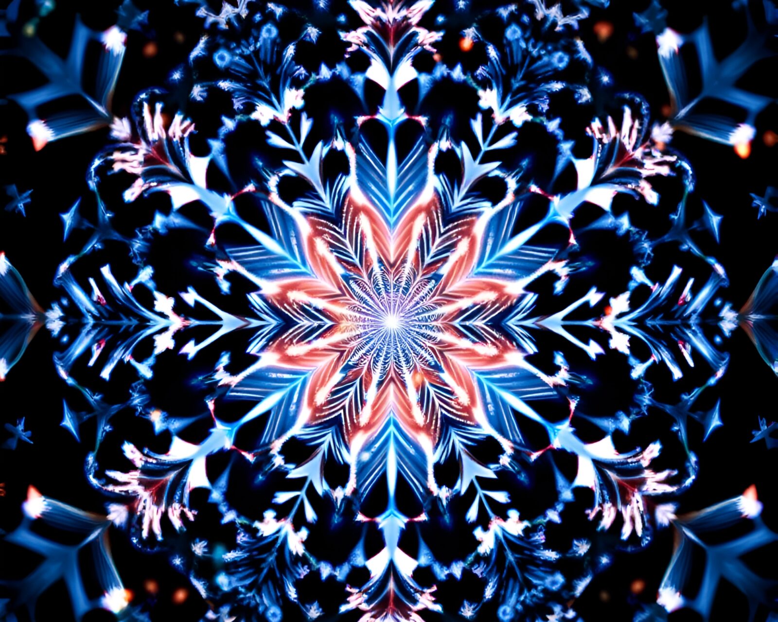 Intricate blueprint-style design of sparkling snowflakes in kaleidoscope formation