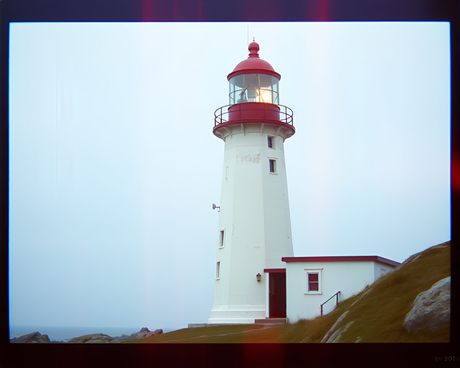 Colorful soap film reflects light in eerie lighthouse interior