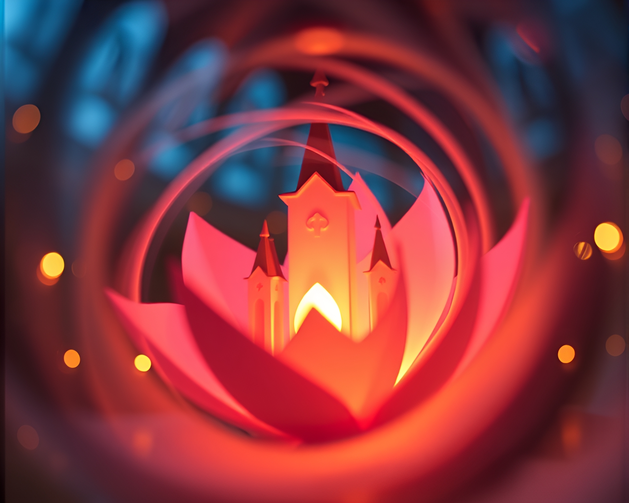 Origami Flower in Lens Distortion Church Candlelight – free AI stock image