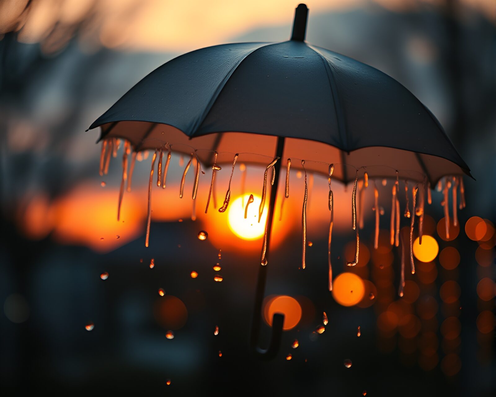 Miniature umbrella among paper tears at sunset