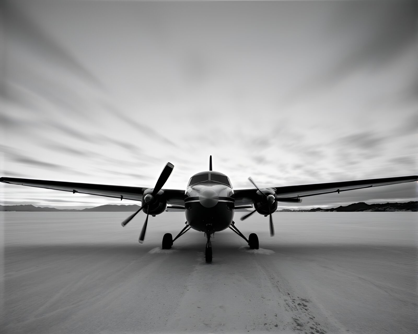 A beautiful sea plane flying over icy waters in polar twilight