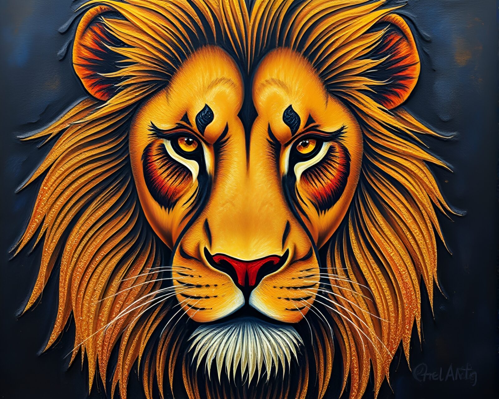 Impressive lion engraved in textured oil with glittering highlights