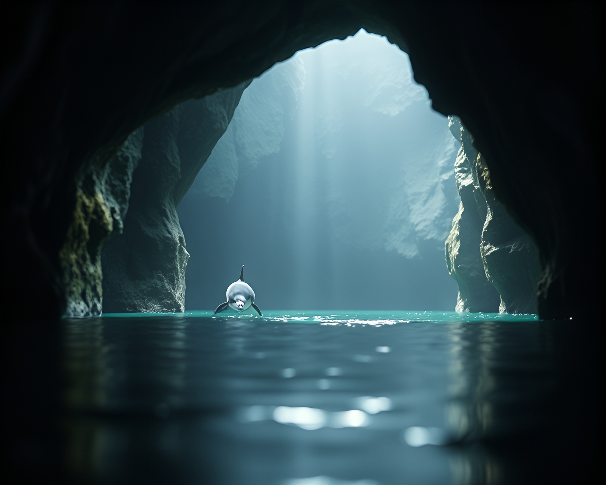 Amazon River Dolphin Emerging from Dark Cave Entrance – free AI stock image