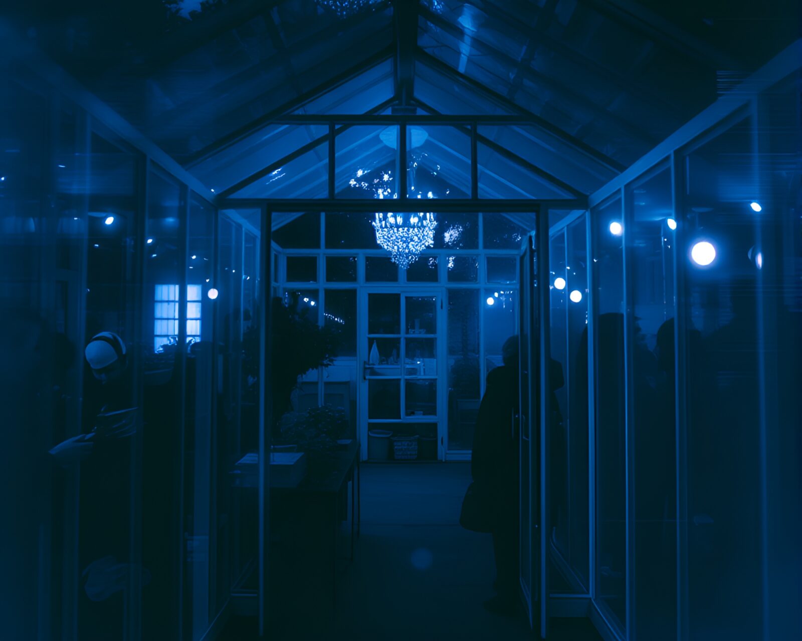 A mysterious glass greenhouse with glitchy double exposure effect