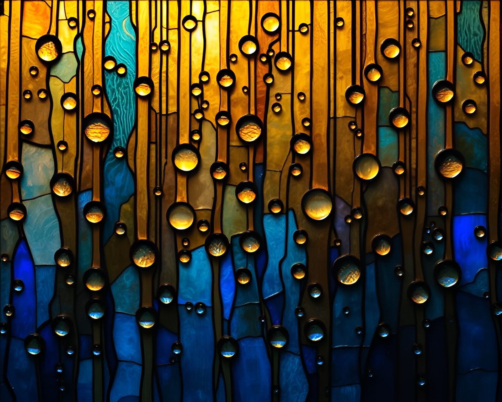Intricate circuit board pattern under cathedral stained glass light