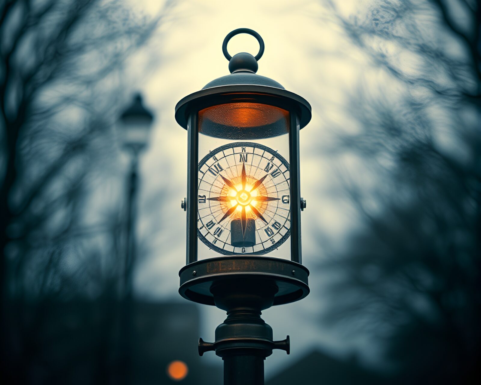 Stereograph of an antique compass illuminated by streetlamp