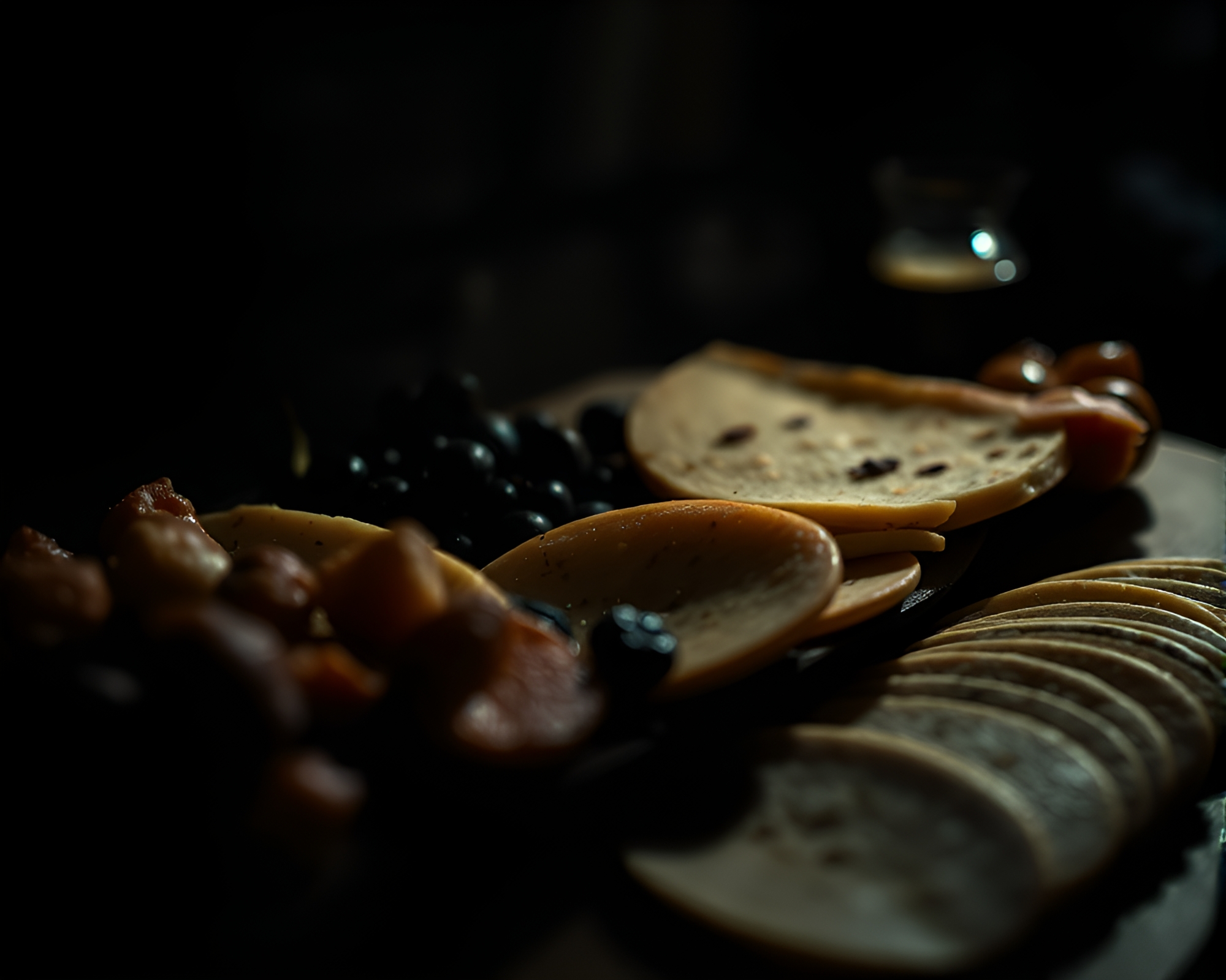 Gloomy Charcuterie Board: Stippled Macro Scene – free AI stock image