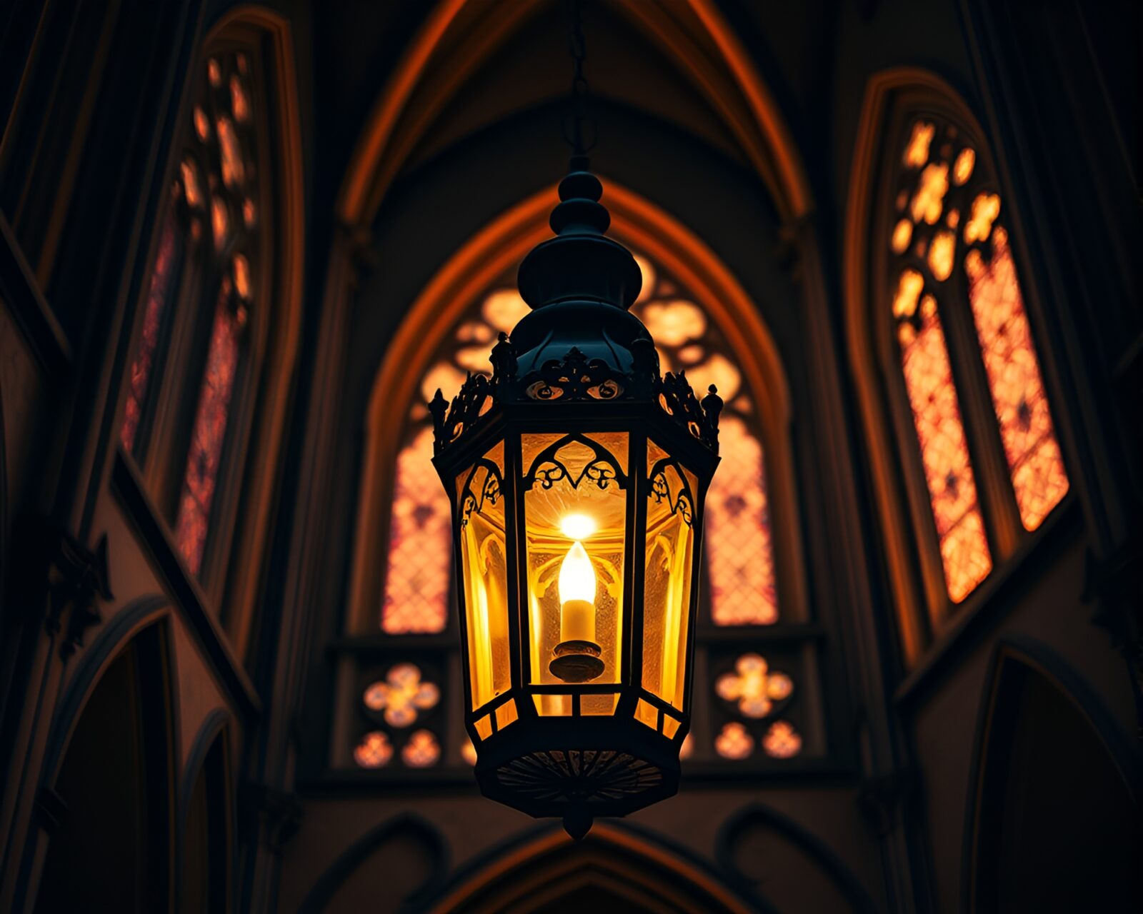 Majestic cathedral interior with gold accents under eerie lantern glow