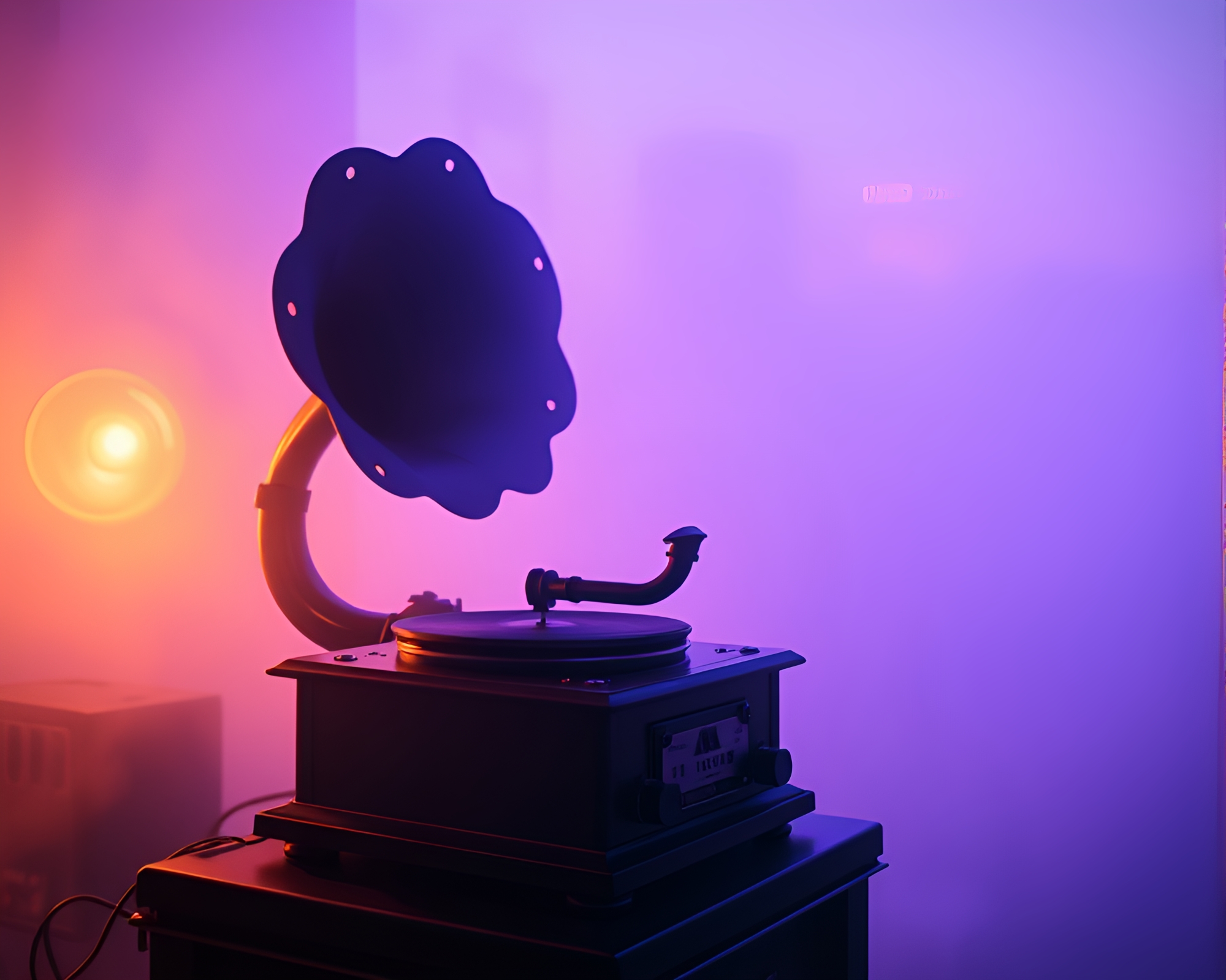 Steampunk Gramophone in Dawn Mist Ultraviolet Hues – free AI stock image