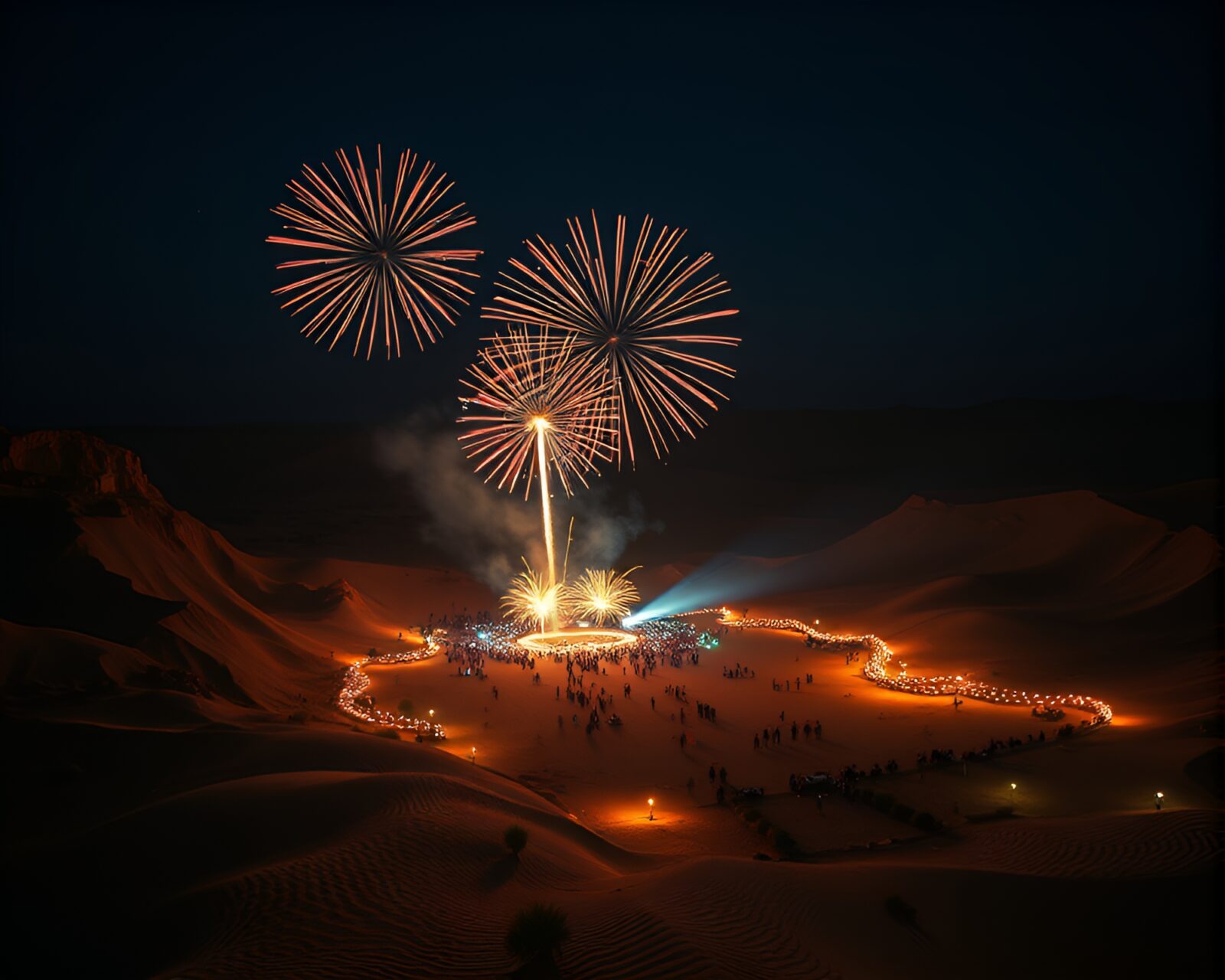 High-angle shot of calligraphy in desert mirage with festival fireworks glow