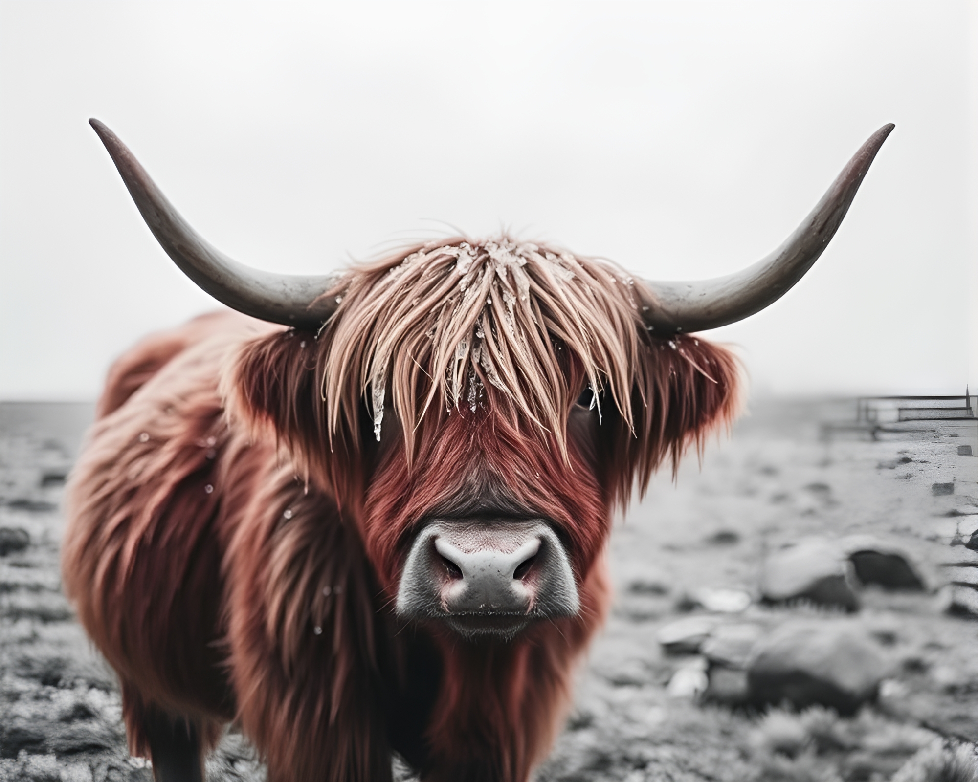 Highland Cow Surrounded by Ice Crystal Compositions – free AI stock image