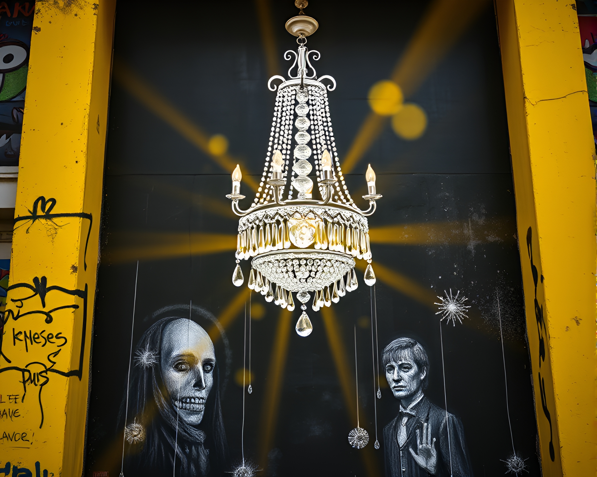 Urban Chandelier: Monochrome Graffiti Mural – free AI stock image