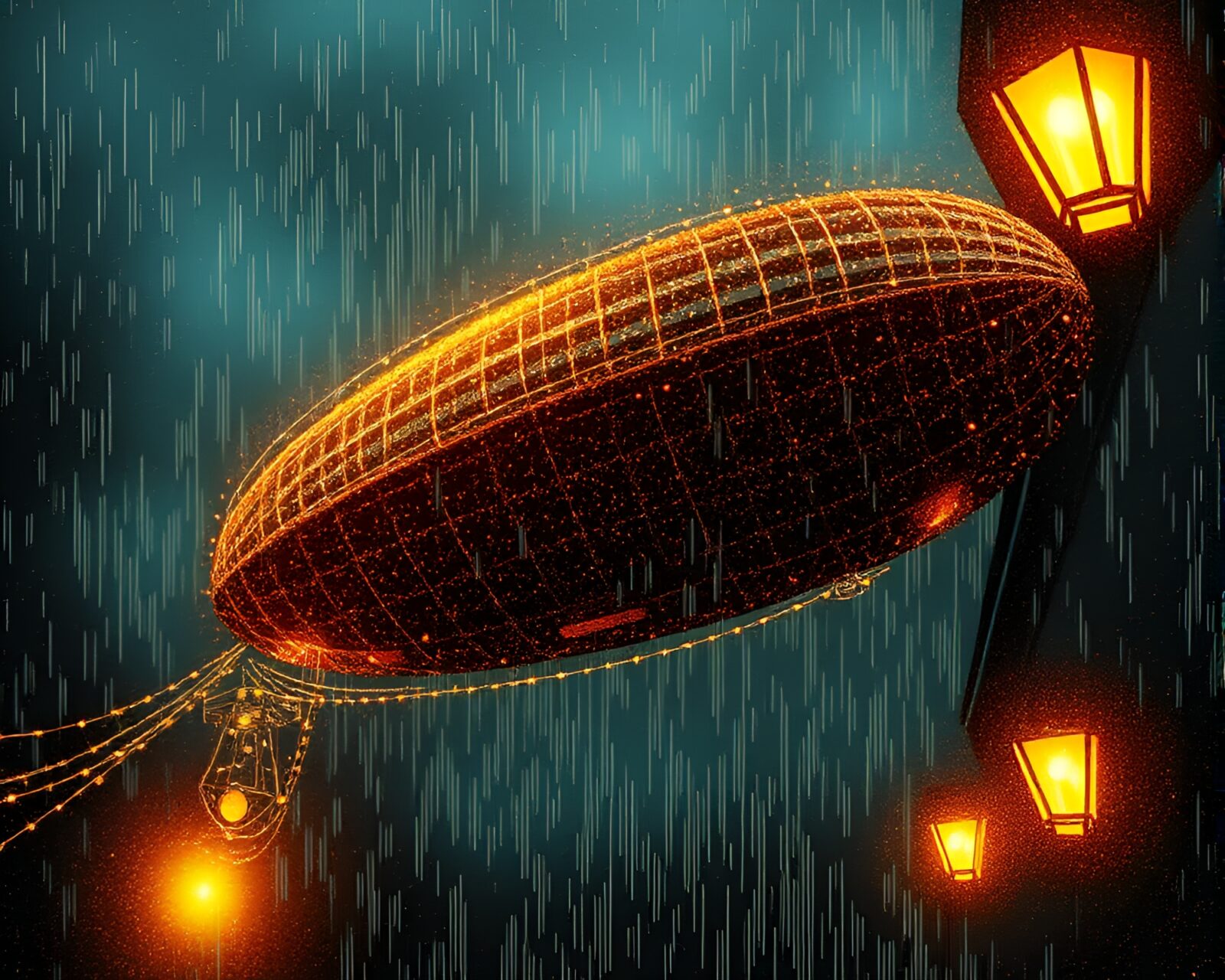 Realistic drawing of glowing zeppelin on porch in evening
