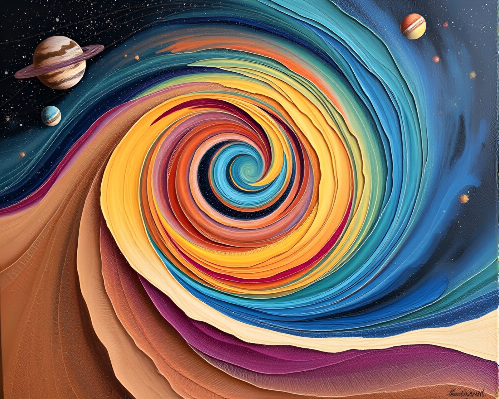 Vibrant swirling sands painted in cosmic oil hues