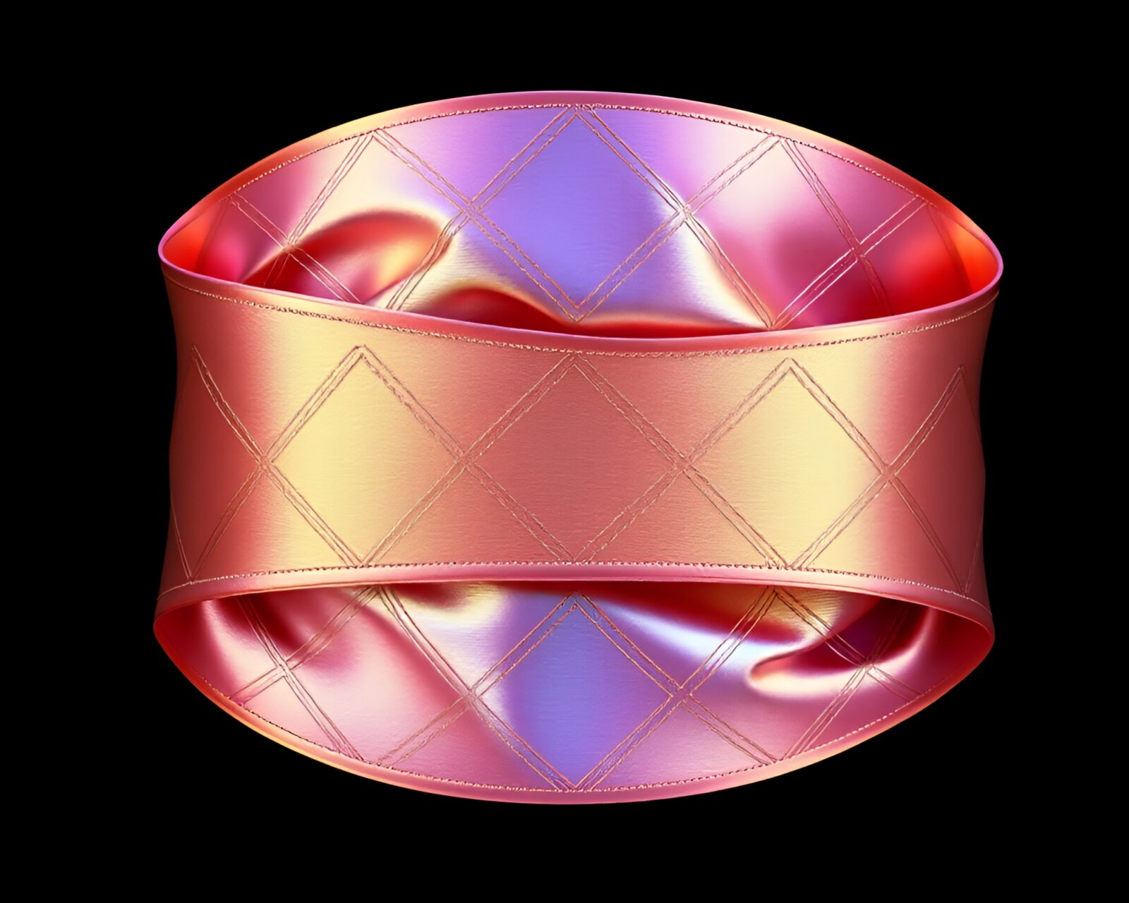 Vibrant satin ribbon weaving through geometric iridescent shapes