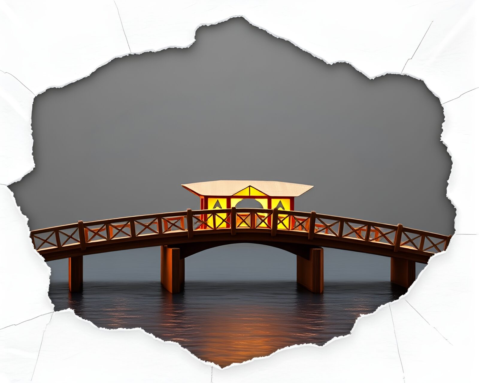 Origami-style illuminated wooden bridge with torn edges at opera-house glow sunset