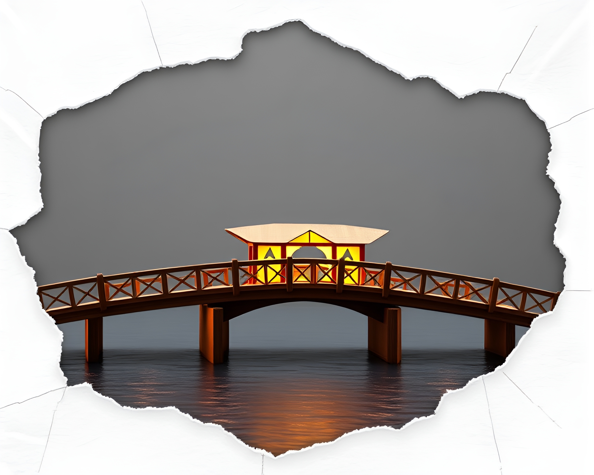 Enchanting Wooden Bridge with Origami Torn Edges – free AI stock image