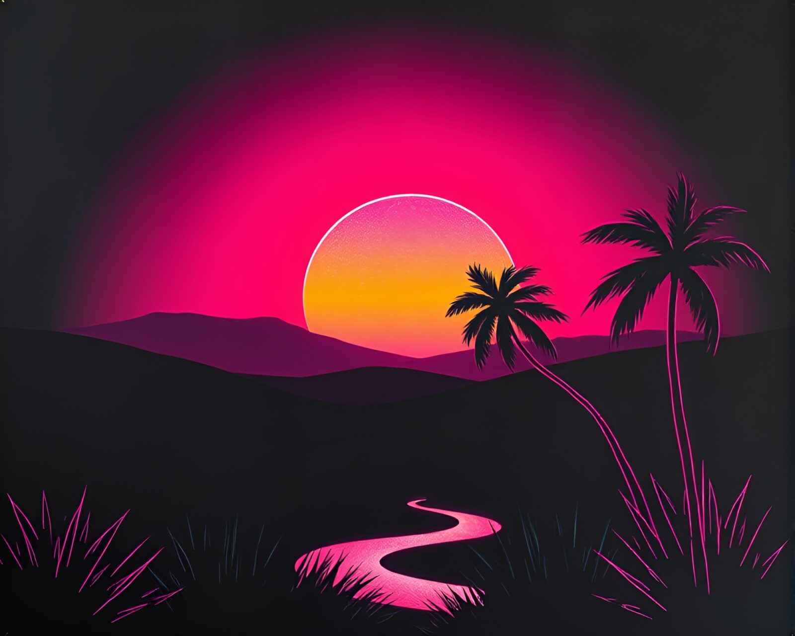 Minimalist chalkboard art depicting a neon gradient savanna sunset