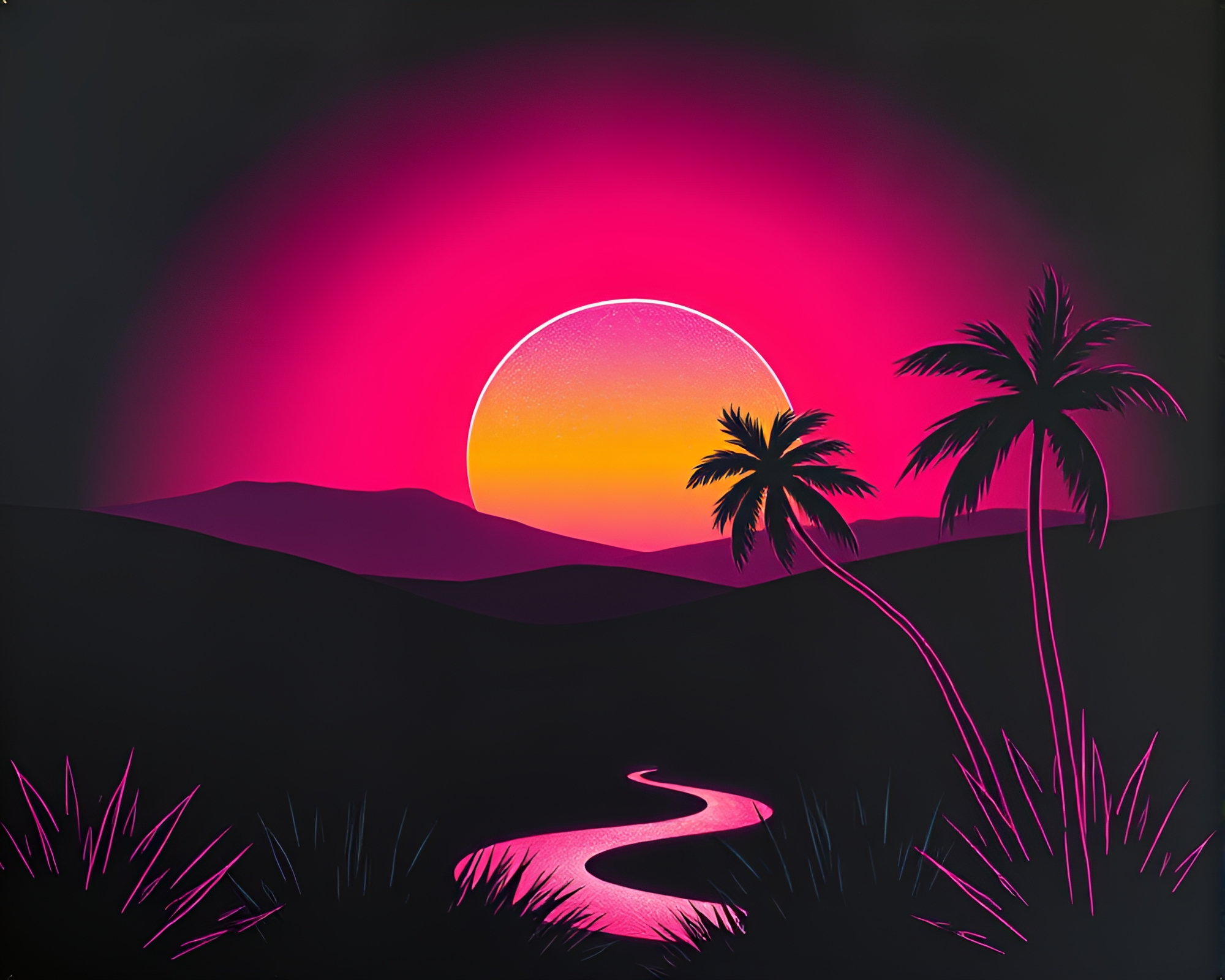 Savanna Sunset in Neon Chalkboard Drawing – free AI stock image