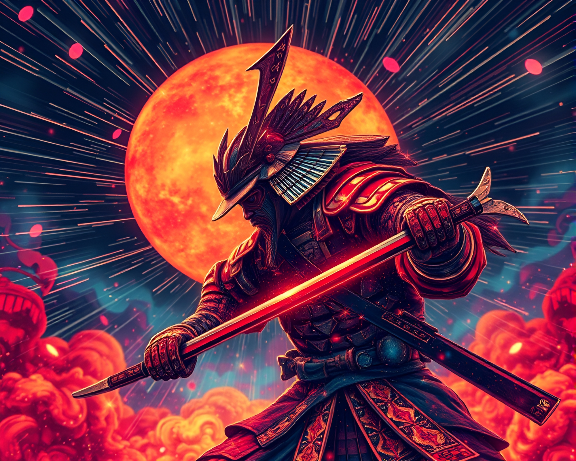 Dutch Angle Samurai Warrior in Starburst Generative Art – free AI stock image