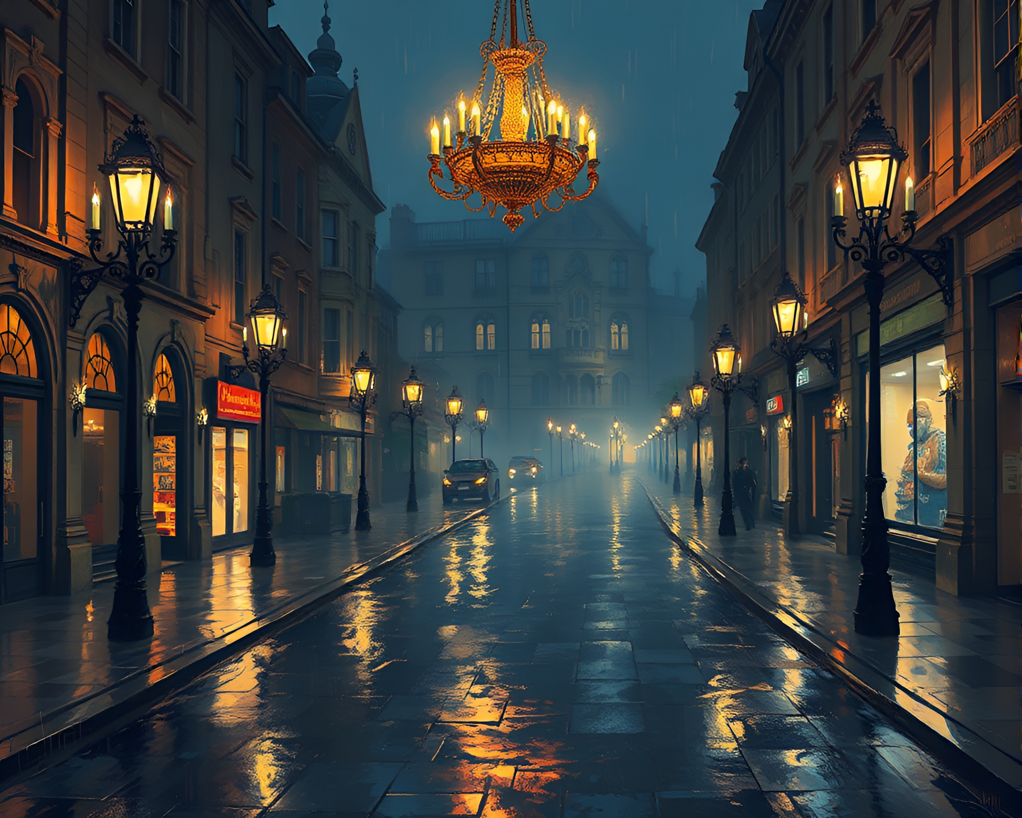 Gothic Chandelier Illuminating Wet City Streets at Night – free AI stock image