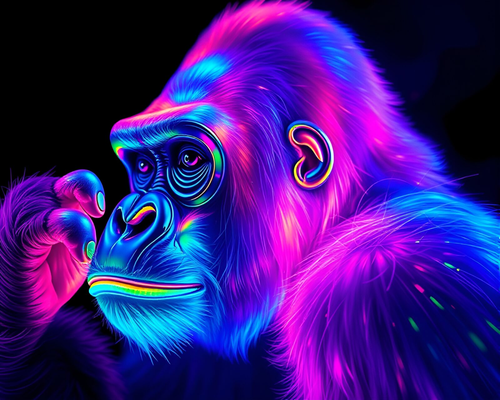Soap film iridescence shines on a glowing gorilla