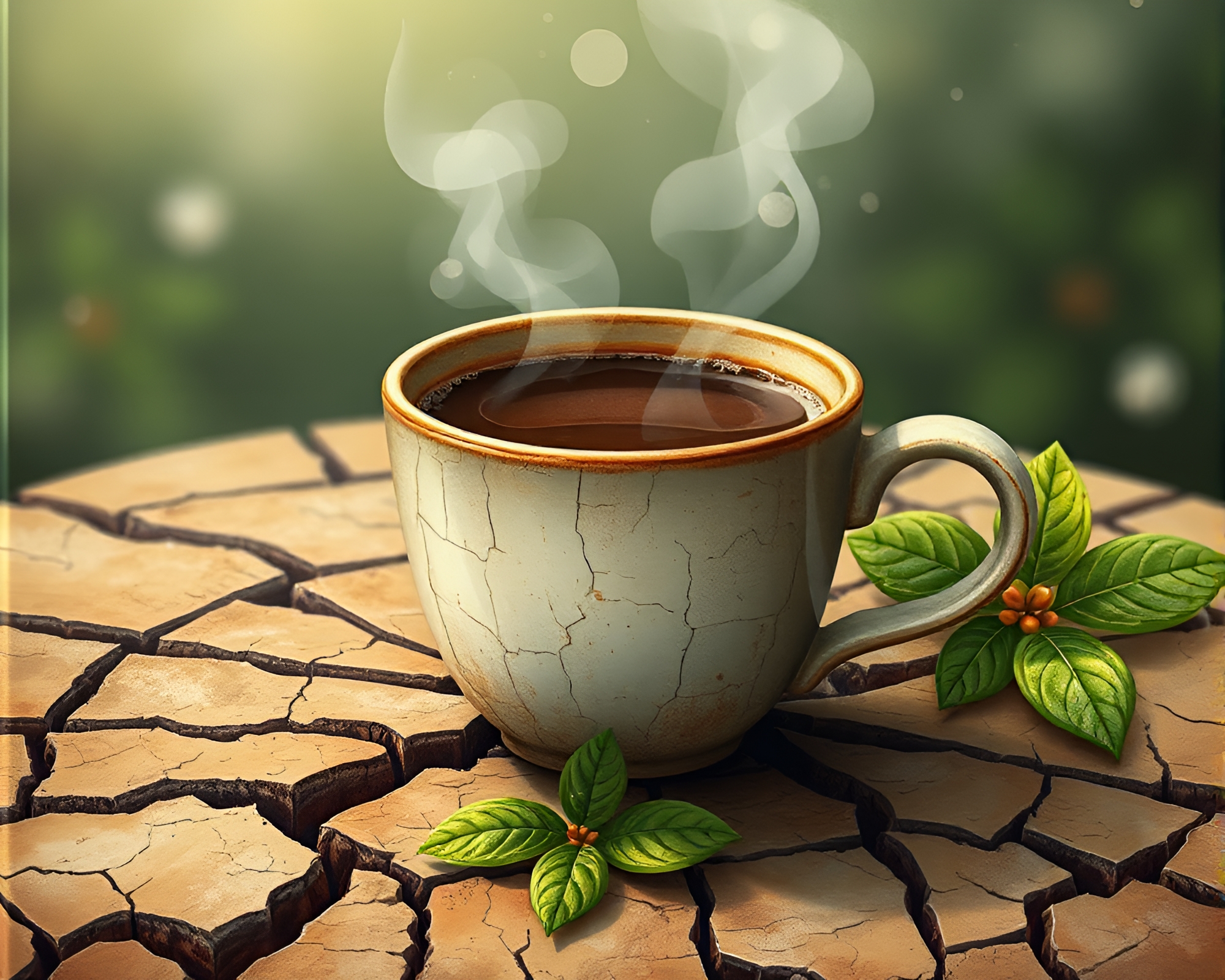 Desolate coffee cup on cracked earth in misty botanical scene – free AI stock image