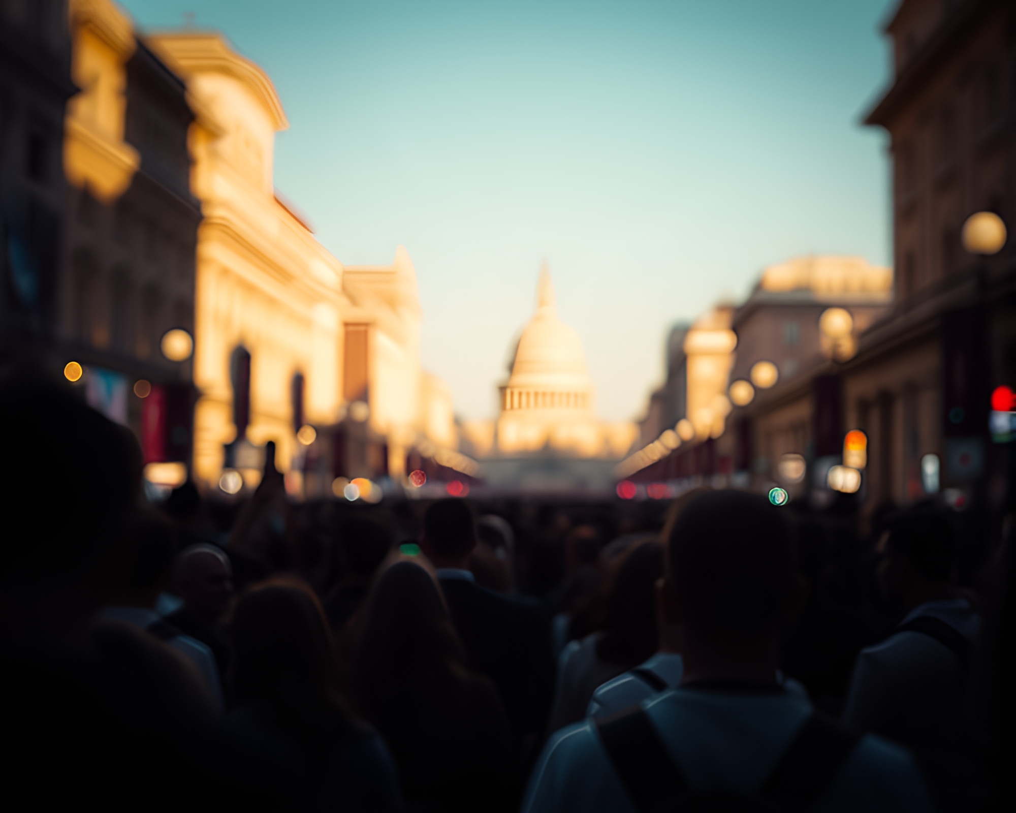 Time Traveler Amidst Crowd Silhouettes in Topaz Glow – free AI stock image