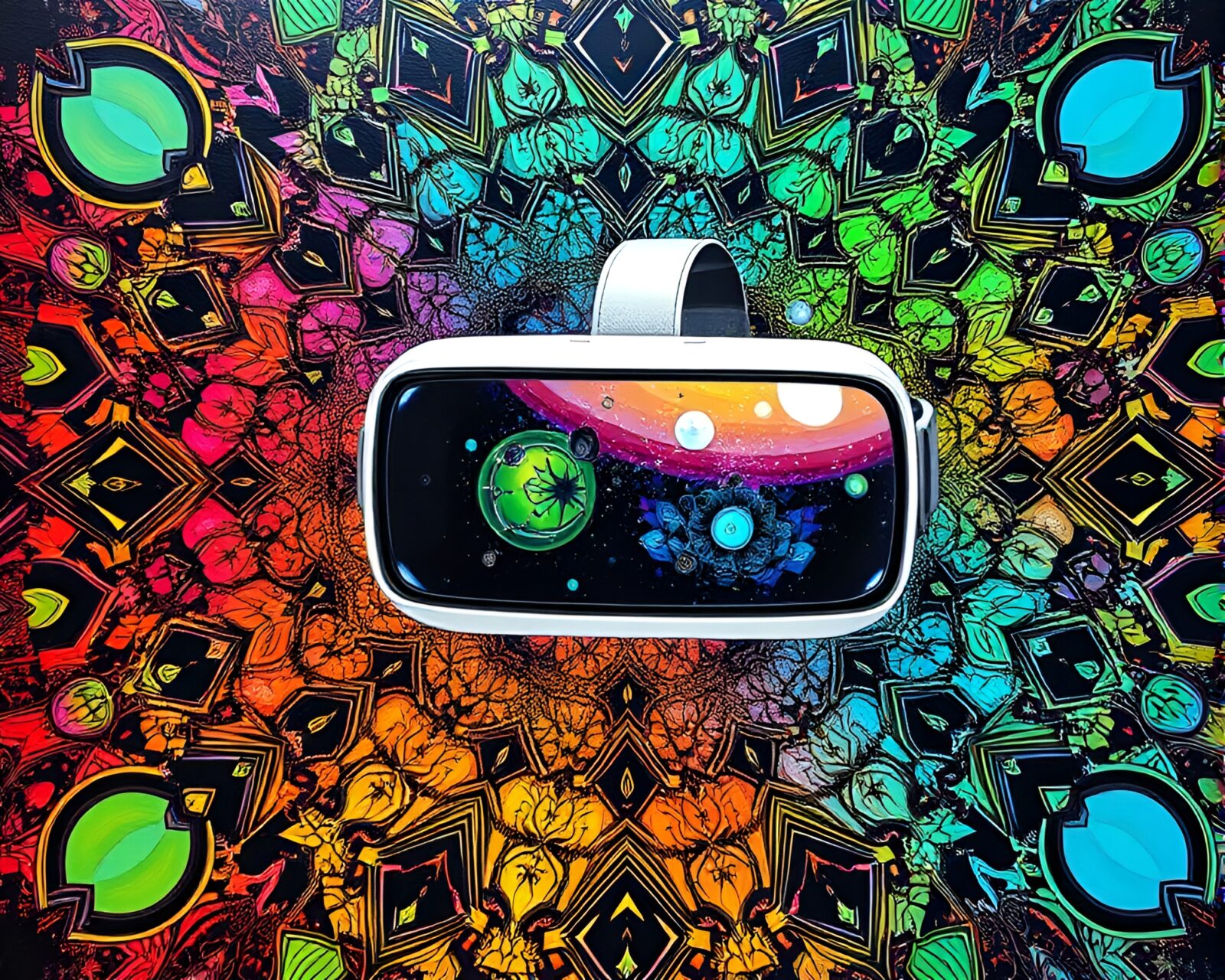 Colorful virtual reality hub with kaleidoscope effects in acrylic painting