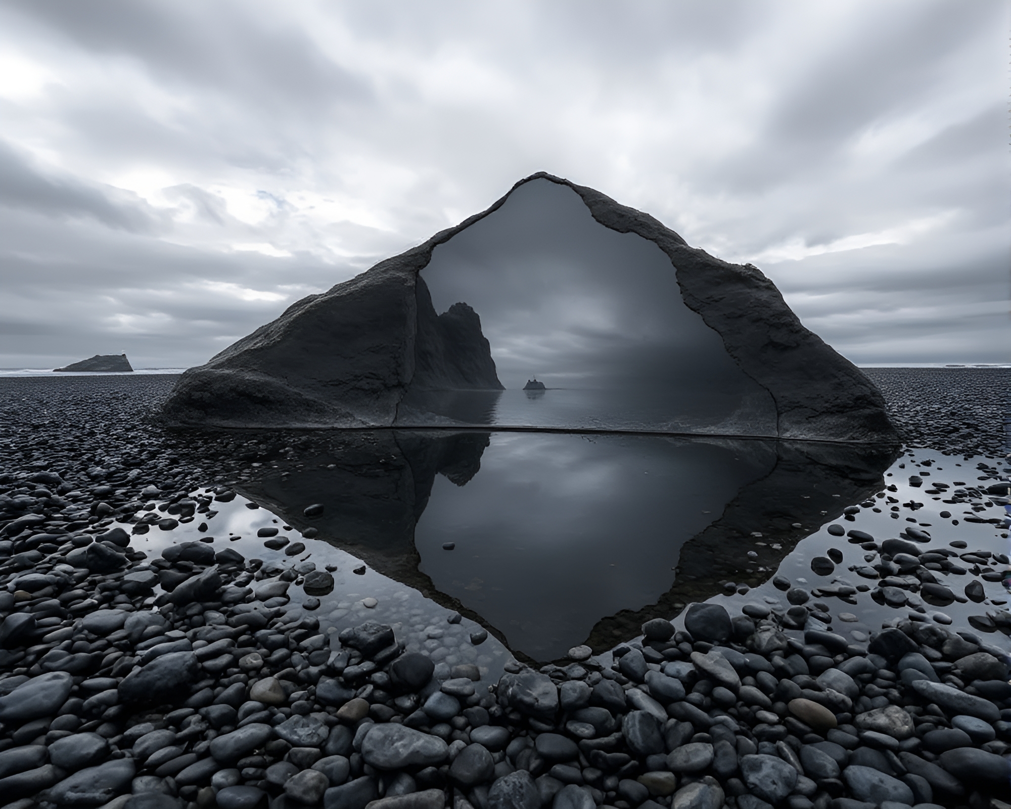 Shattered Mirror Reflection on Charcoal Pebble Beach – free AI stock image