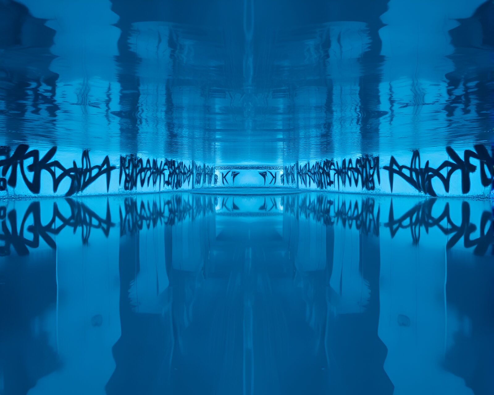 Mirror symmetrical underwater scene in blue spray paint.