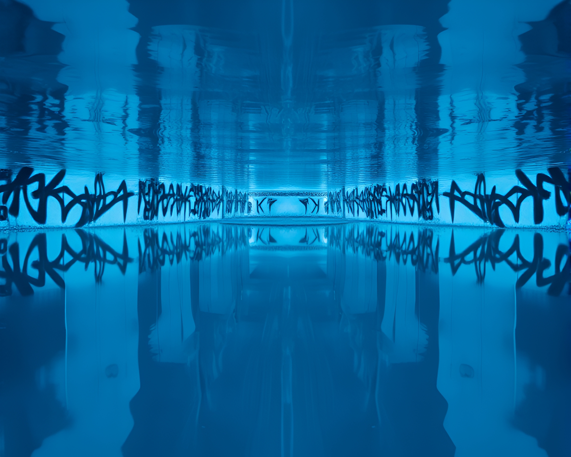 Submersible Symmetry: Blue Monochrome Graffiti Art – free AI stock image