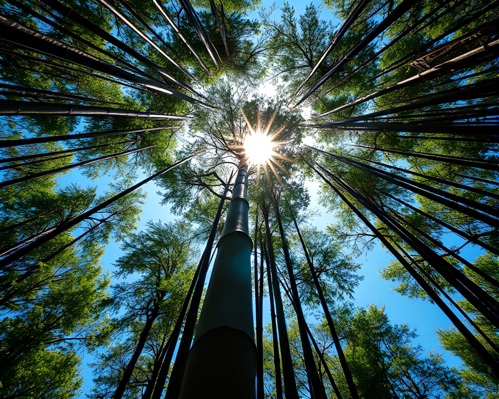 Worm's eye view of 90s grunge style bamboo forest