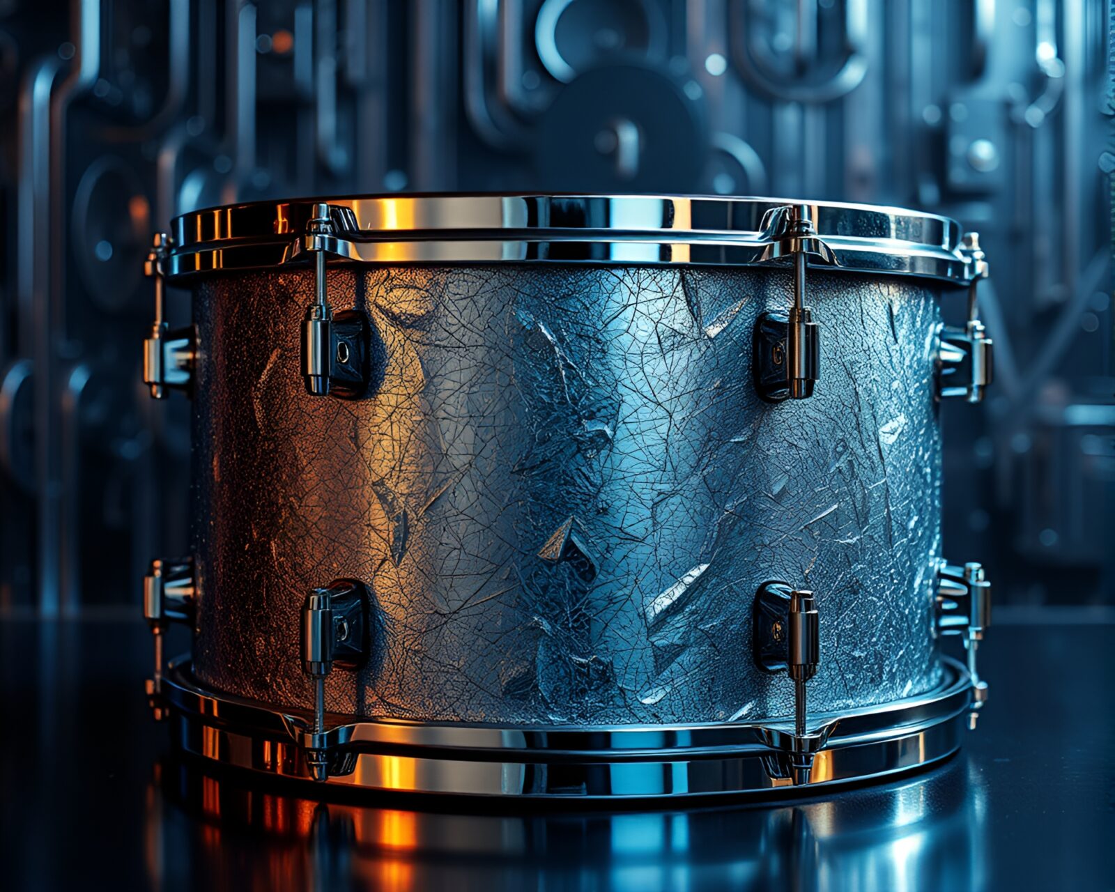 Futuristic cyborg musician playing drums, silver leaves shimmering in the light