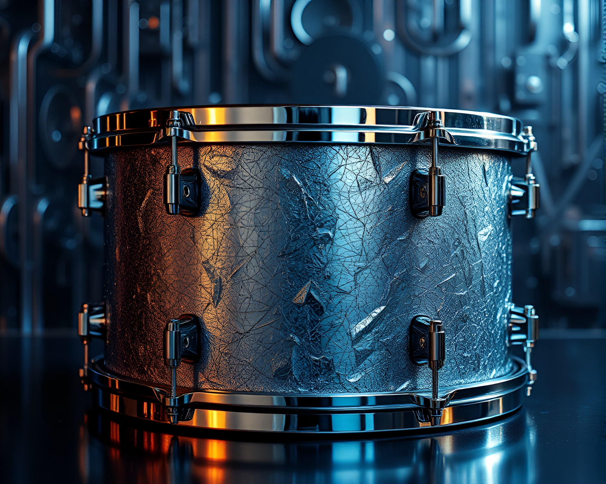 Drumming Cyborg with Silver Leaf Accents in Ambient Light – free AI stock image