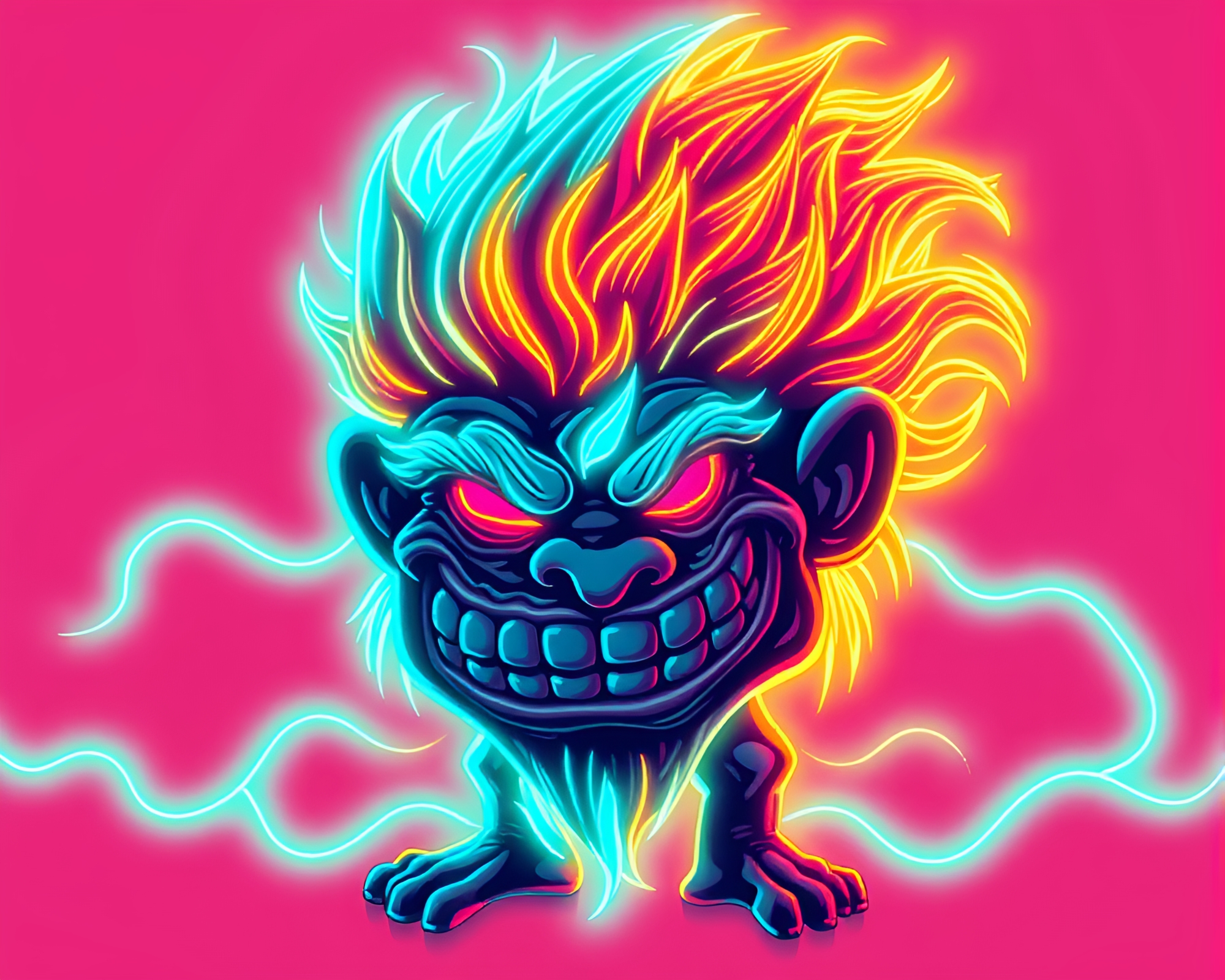 Glowing Neon Troll in Asymmetrical Line Art Composition – free AI stock image