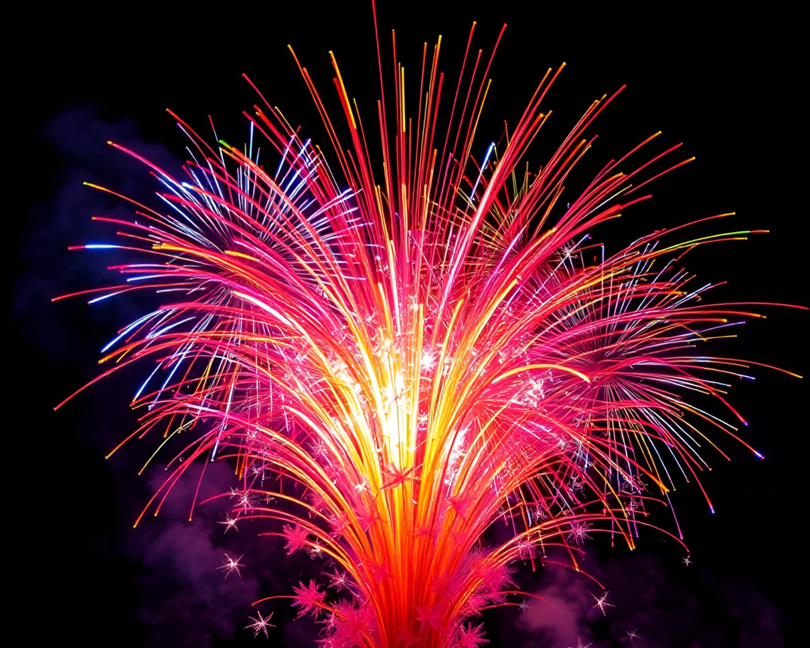 Vibrant neon colors intertwine with illuminating fireworks bursts